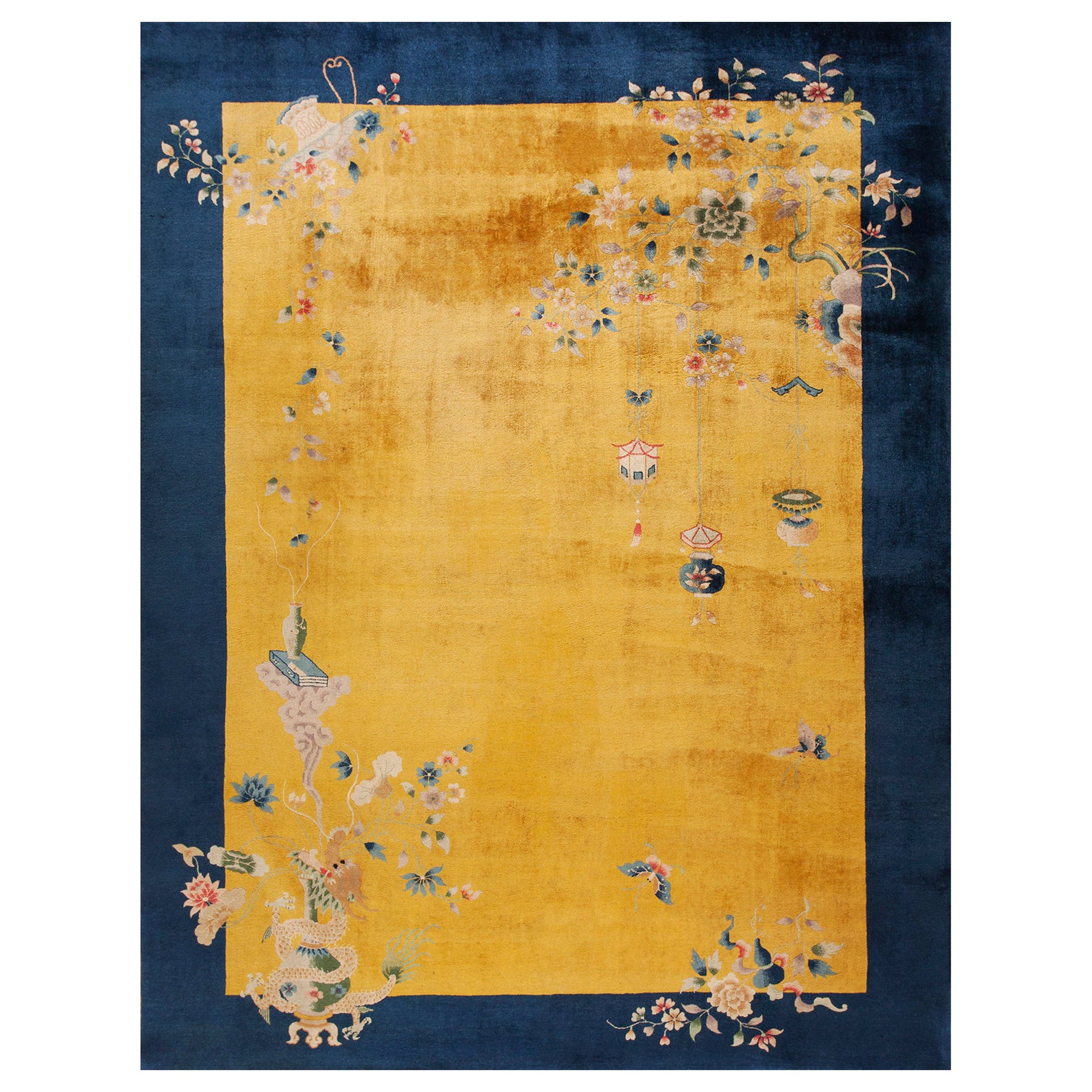 1920er Gold Marine Asymmetrische Floral Antike Chinesische Art Deco Teppich 9
x11
6" Teppich