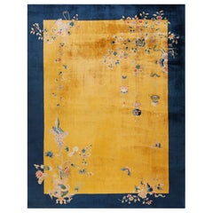1920s Gold Navy Asymmetric Floral Antique Chinese Art Deco Rug 9'x11'6" Carpet