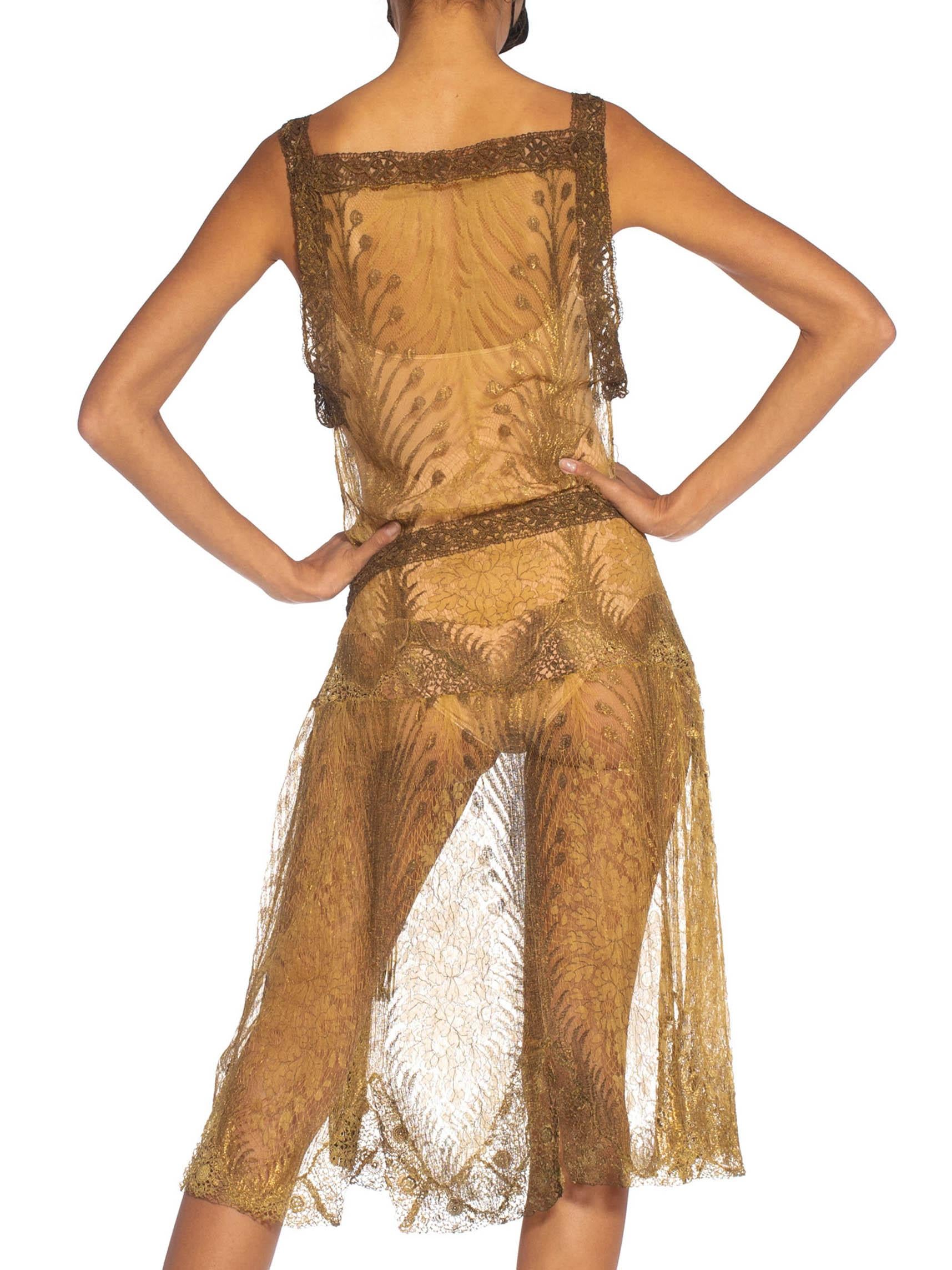 Women's 1920S Gold Silk Lace Flapper Cocktail Dress With Tasseled Belt