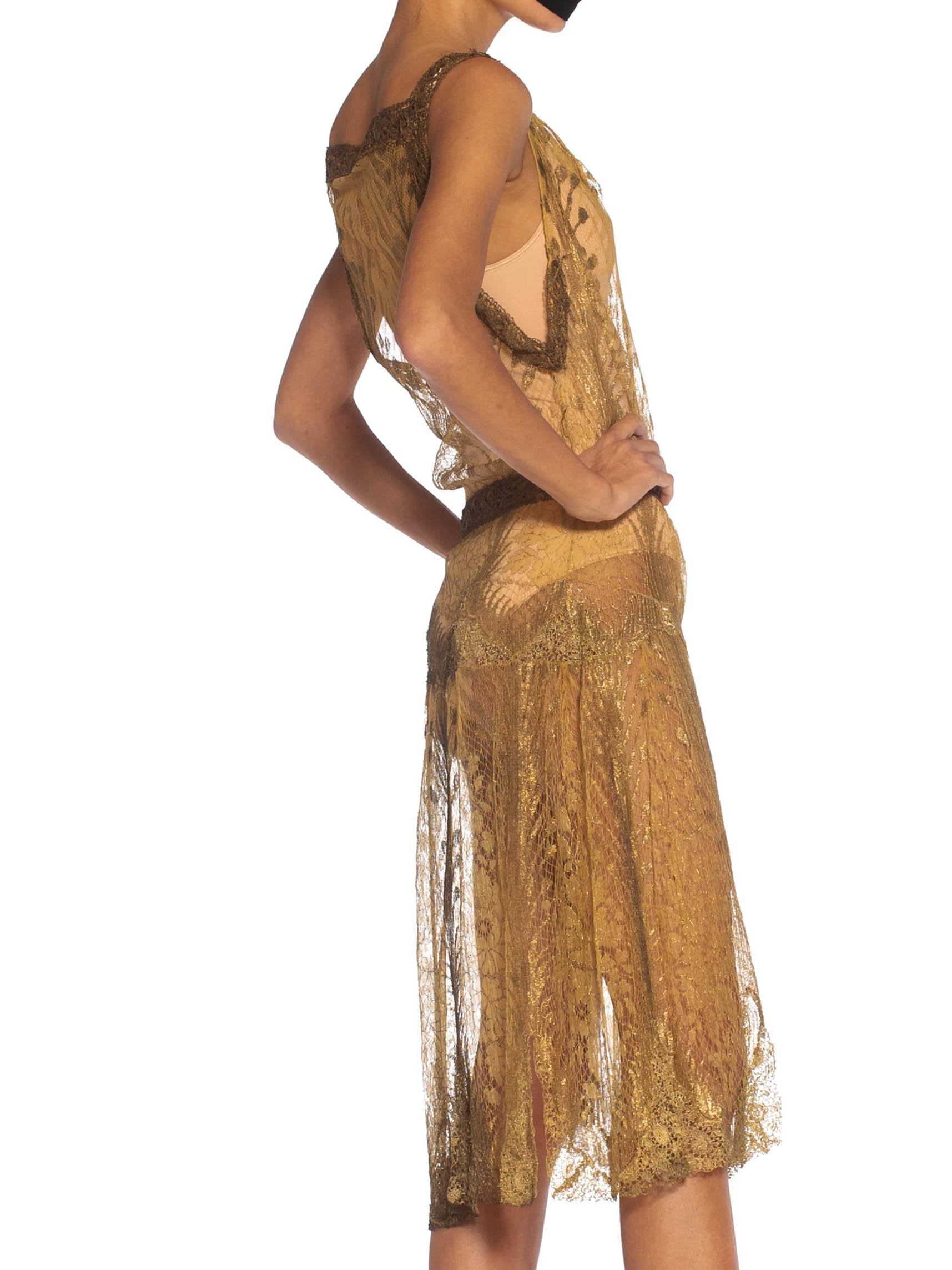 1920S Gold Silk Lace Flapper Cocktail Dress With Tasseled Belt 1