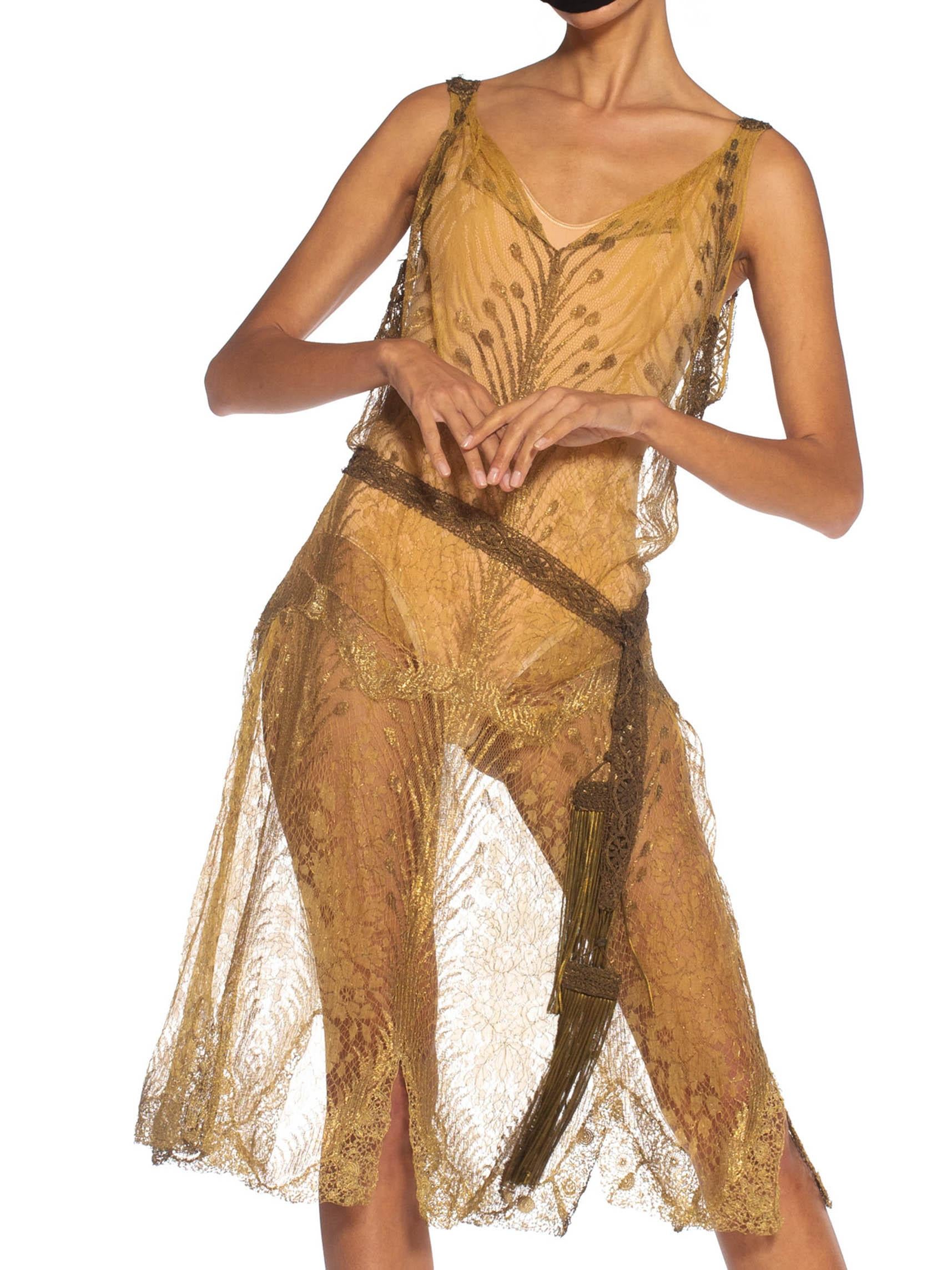 1920S Gold Silk Lace Flapper Cocktail Dress With Tasseled Belt 2