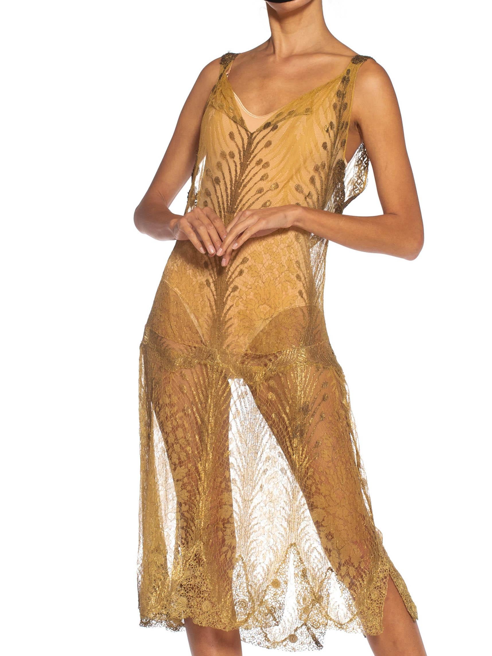 1920S Gold Silk Lace Flapper Cocktail Dress With Tasseled Belt 3