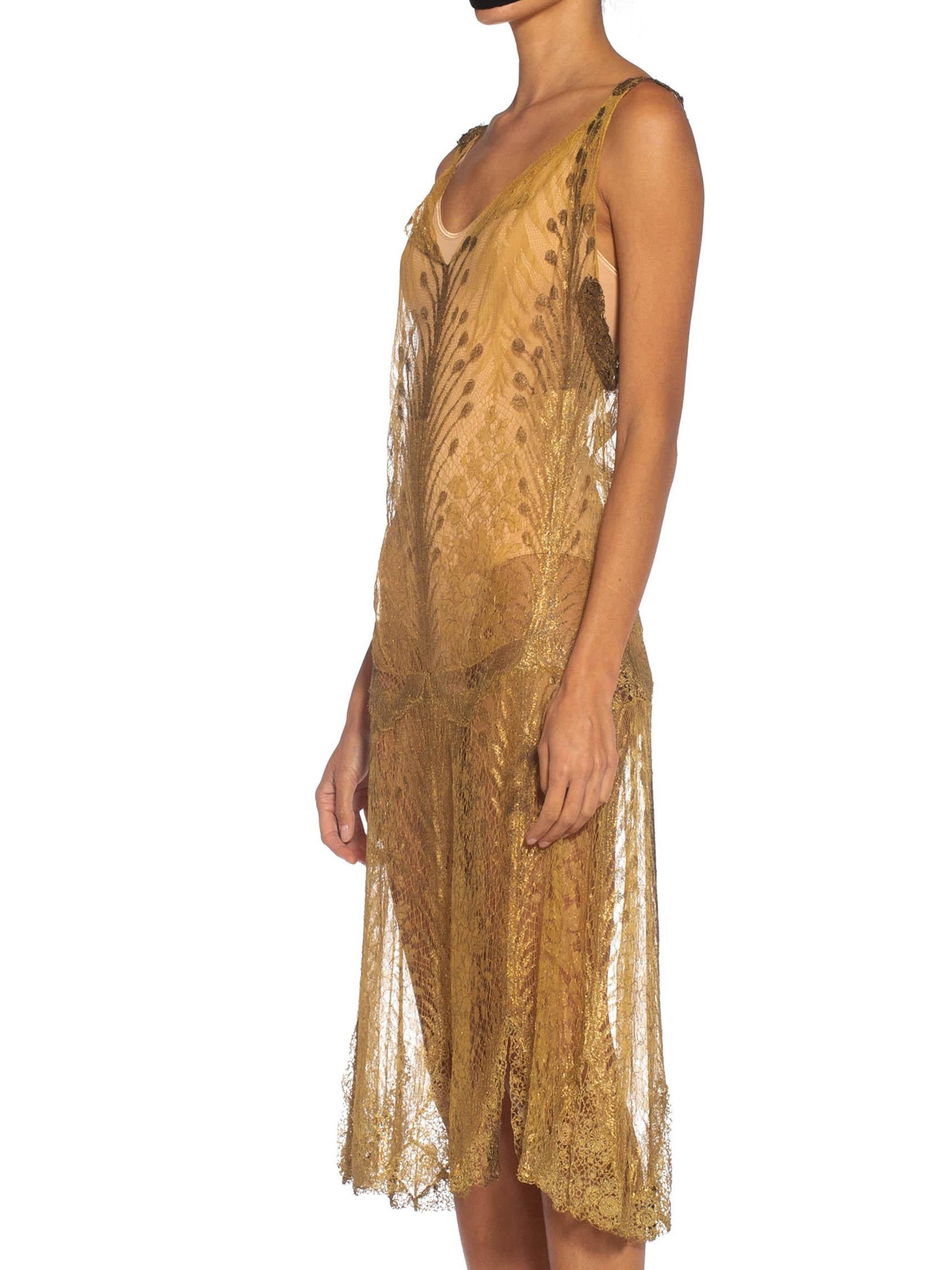 1920S Gold Silk Lace Flapper Cocktail Dress With Tasseled Belt 4