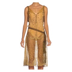 1920S Gold Silk Lace Flapper Cocktail Dress With Tasseled Belt