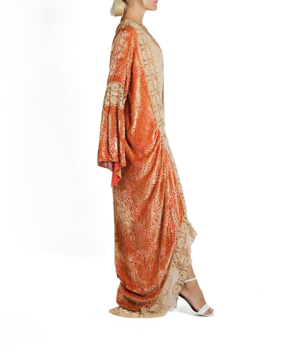 Women's 1920S Golden Orange & Beige Silk Burnout Velvet Lace Trimmed Robe For Sale