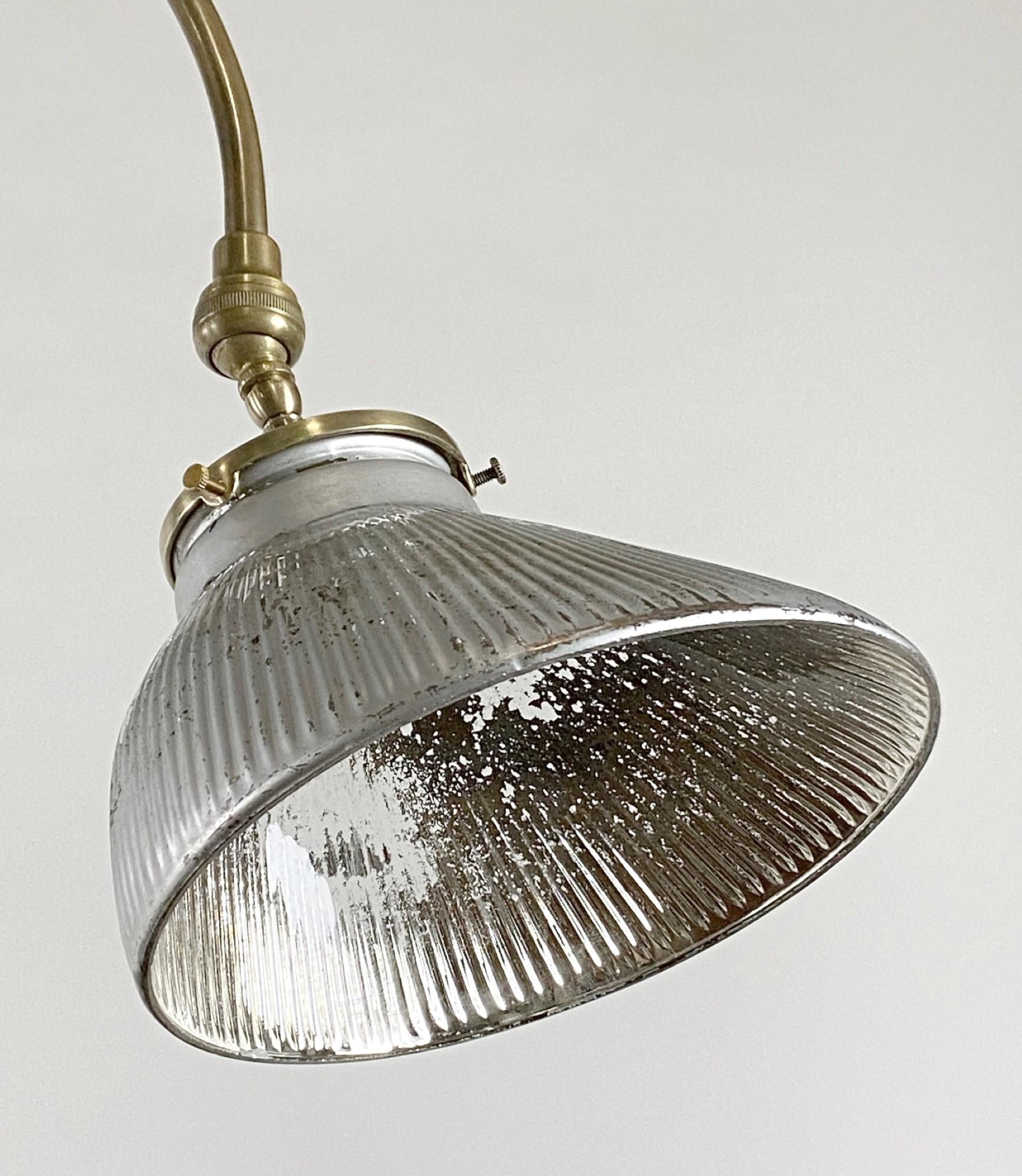 Industrial 1920s Gooseneck Brass Desk Lamp & Mercury Glass Shade