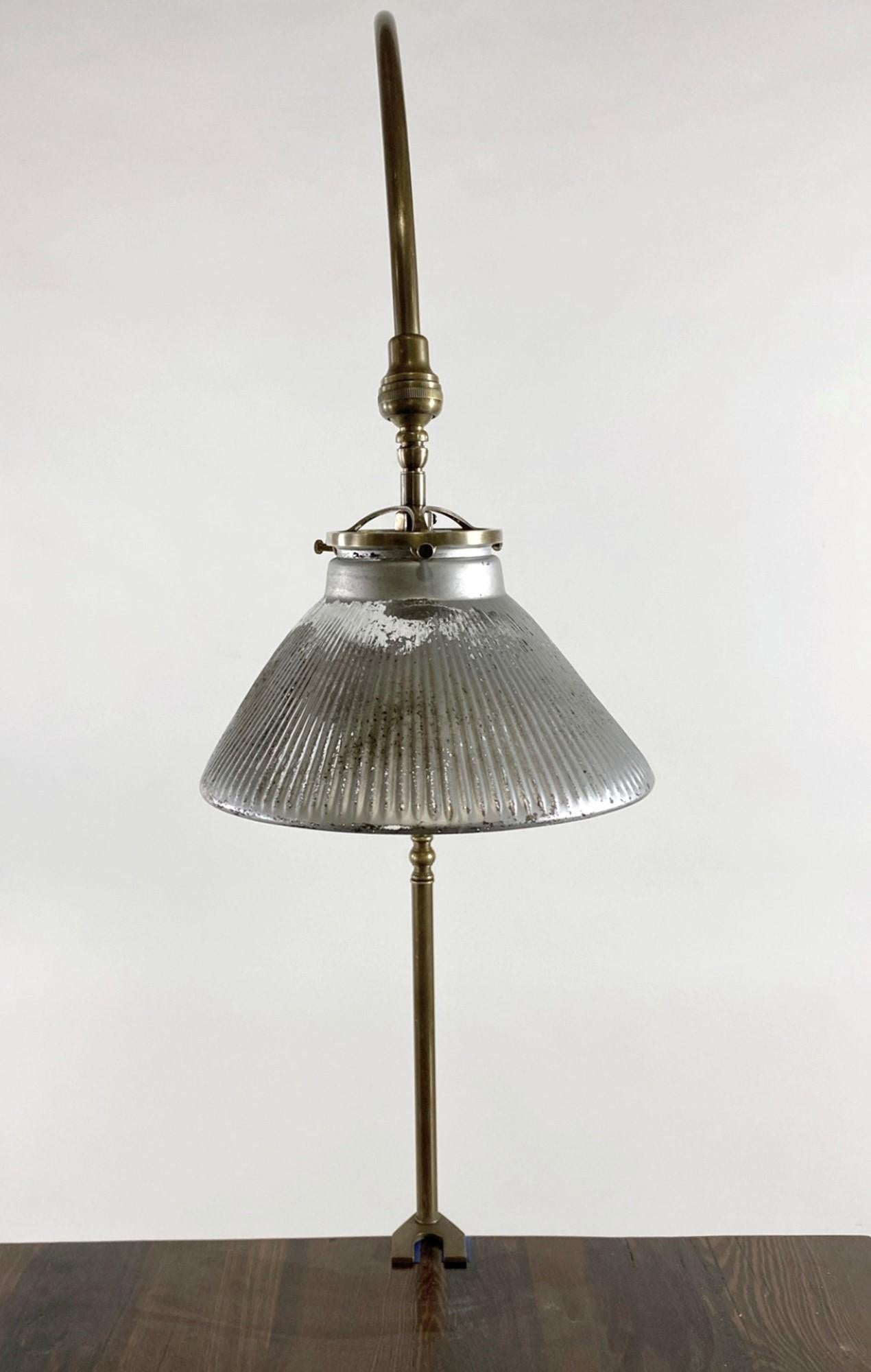 American 1920s Gooseneck Brass Desk Lamp & Mercury Glass Shade