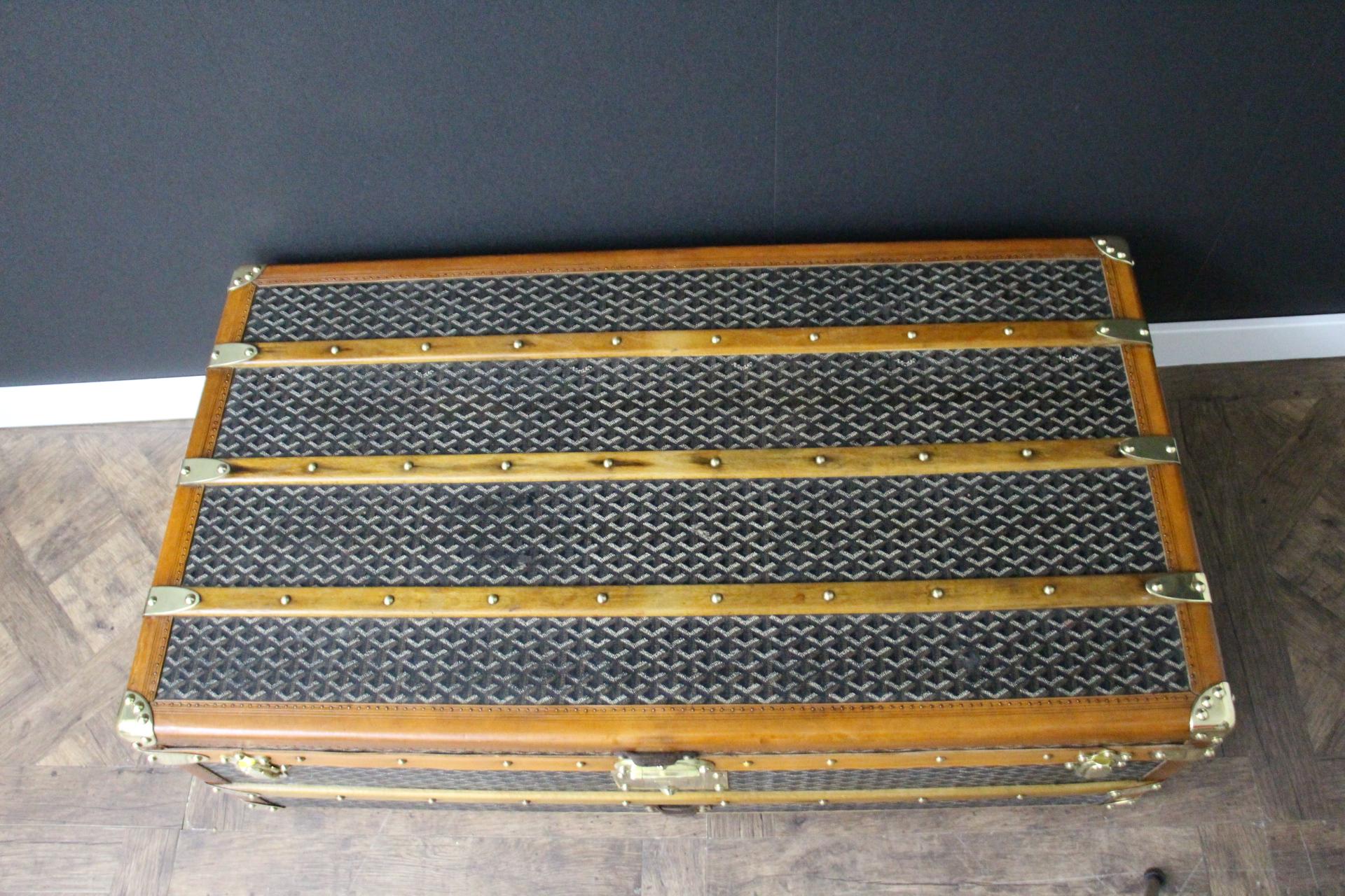 1920s Goyard Cabin Trunk, 100 cm Goyard Trunk in Chevrons Canvas 11