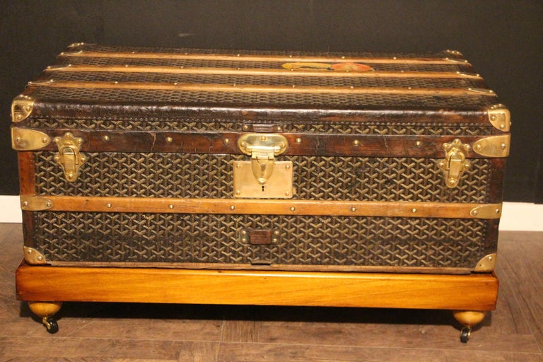 This Goyard steamer trunk features the very sought after chevrons canvas as well as all solid brass fittings: Goyard marked side handles and locks. Goyard plaques on each side. Brass studs. This trunk has many wood slats as well as all leather