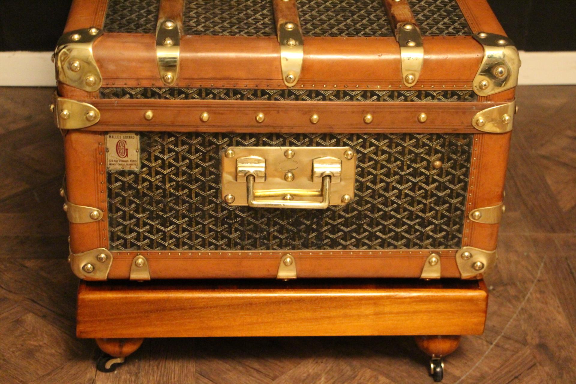 Brass 1920s Goyard Cabin Trunk, Goyard Trunk in Chevrons Canvas