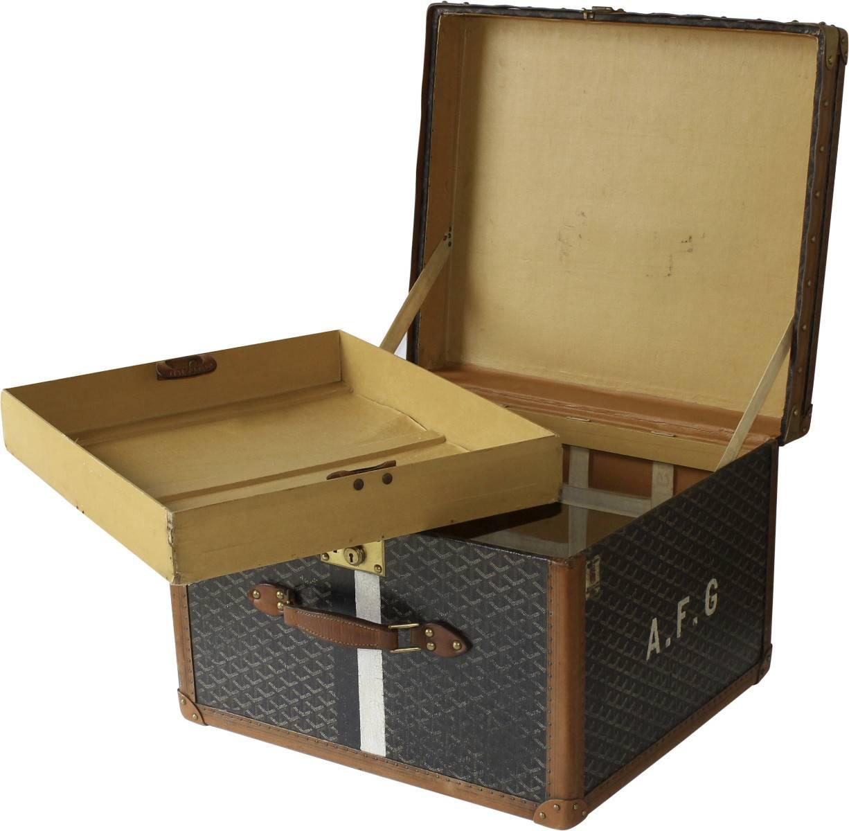 Hat box, circa 1920s this stunning Goyard example would make a statement in any fashionable home, finished in the traditional Goyard print and brass hardware this is a true collectors item.
 