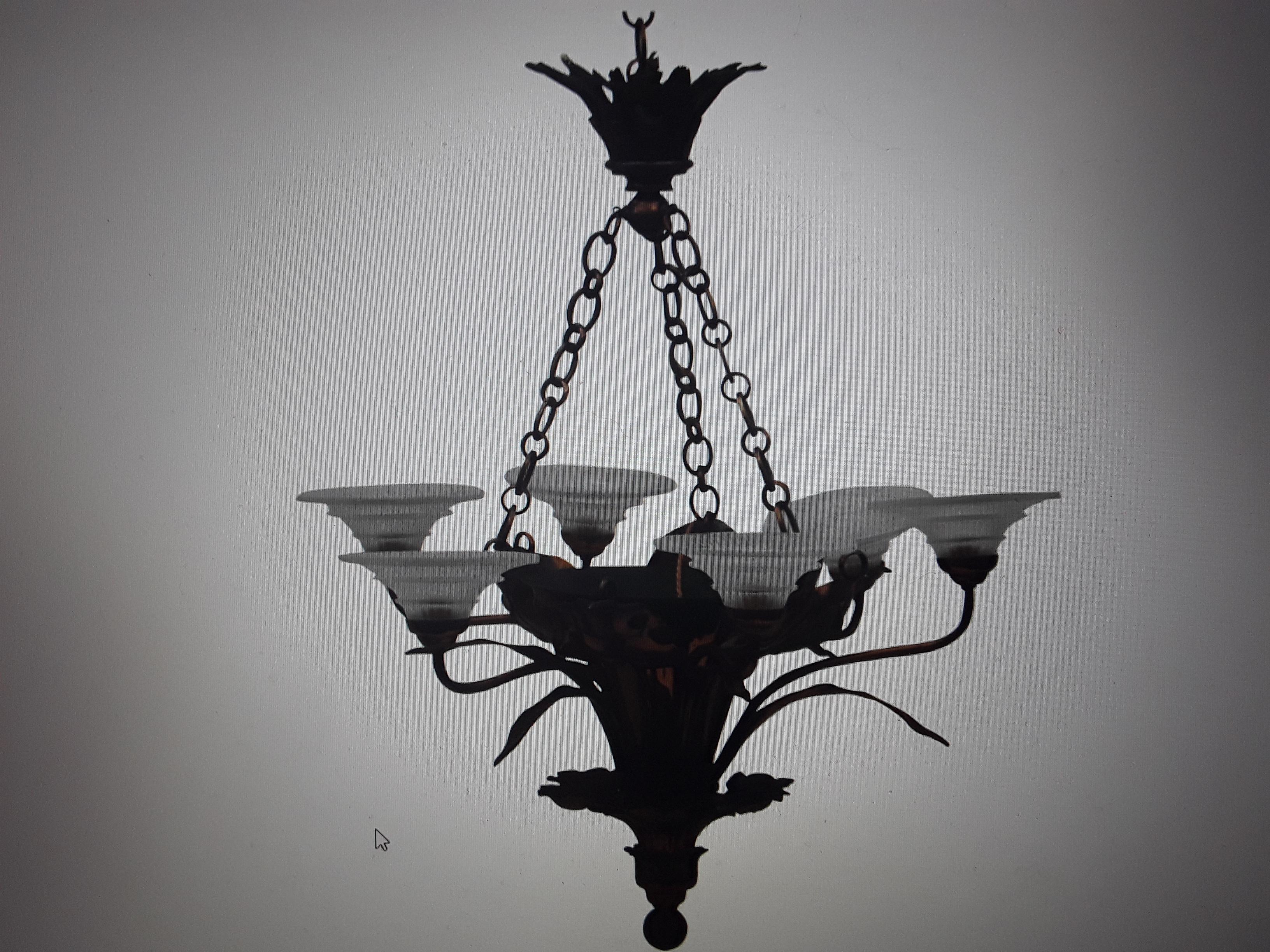 1920's French Art Deco Grand Scale Nenuphar Bronze Lily Form Chandelier. Art Glass original shades. Huge bronze leaves. This is a masterpiece chandelier.