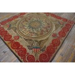 1920s Gray Classic Medallion Antique American Hooked Cotton Rug Square Carpet