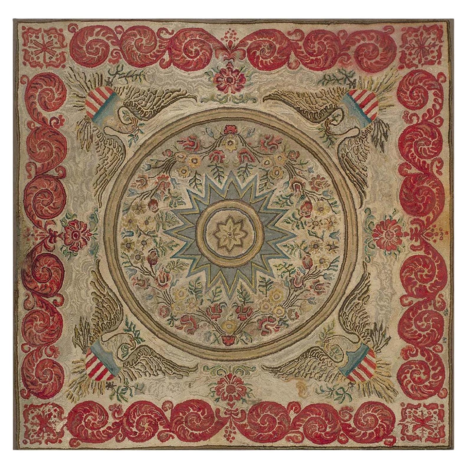 1920s Gray Classic Medallion Antique American Hooked Cotton Rug Square Carpet For Sale