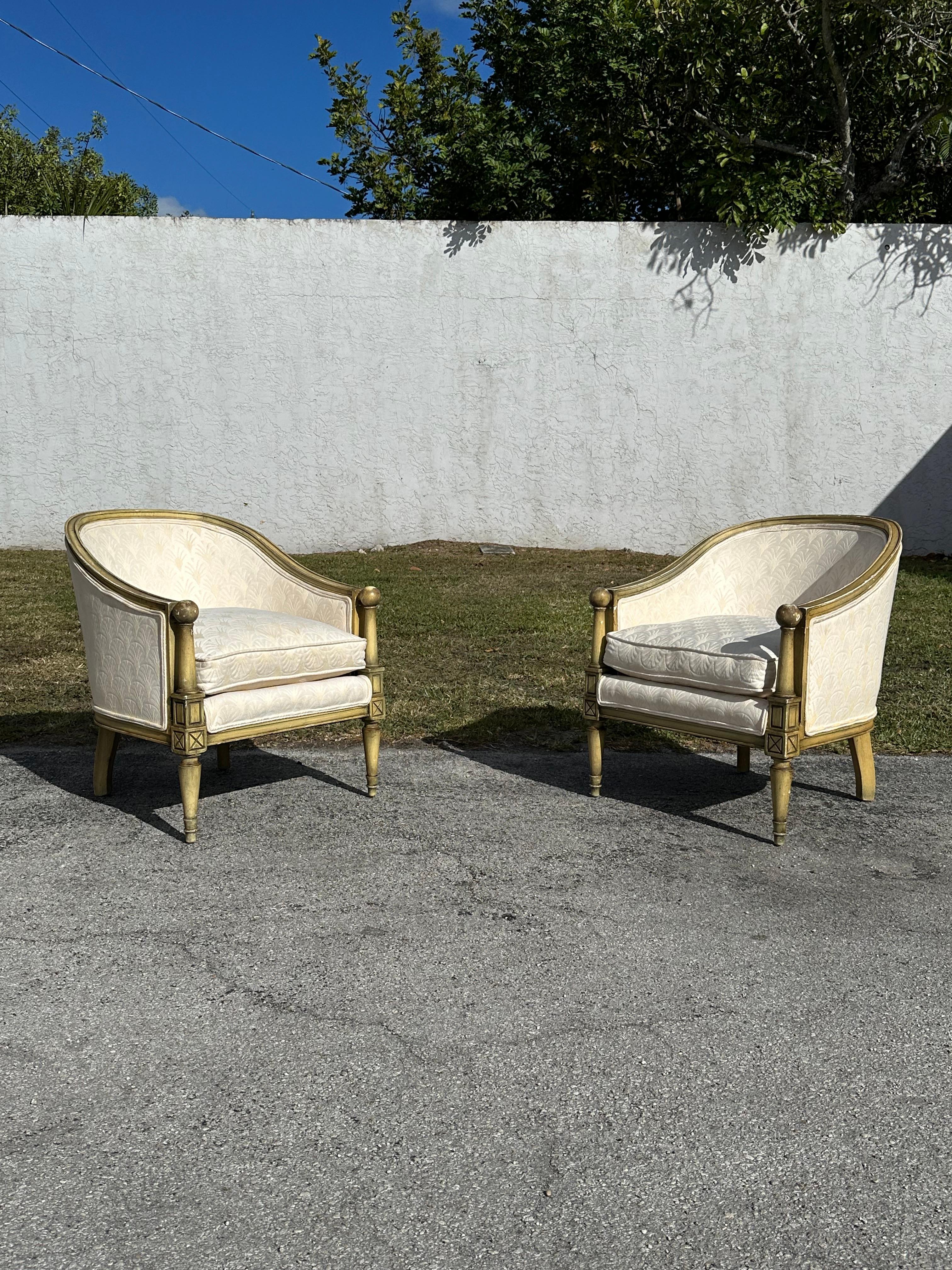 Chaises de baril en bergère verte et beige de France des années 1920, ensemble de 2 Bon état - En vente à Fort Lauderdale, FL
