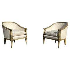 Antique 1920s Green Beige French Bergere Barrel Chairs, Set of 2