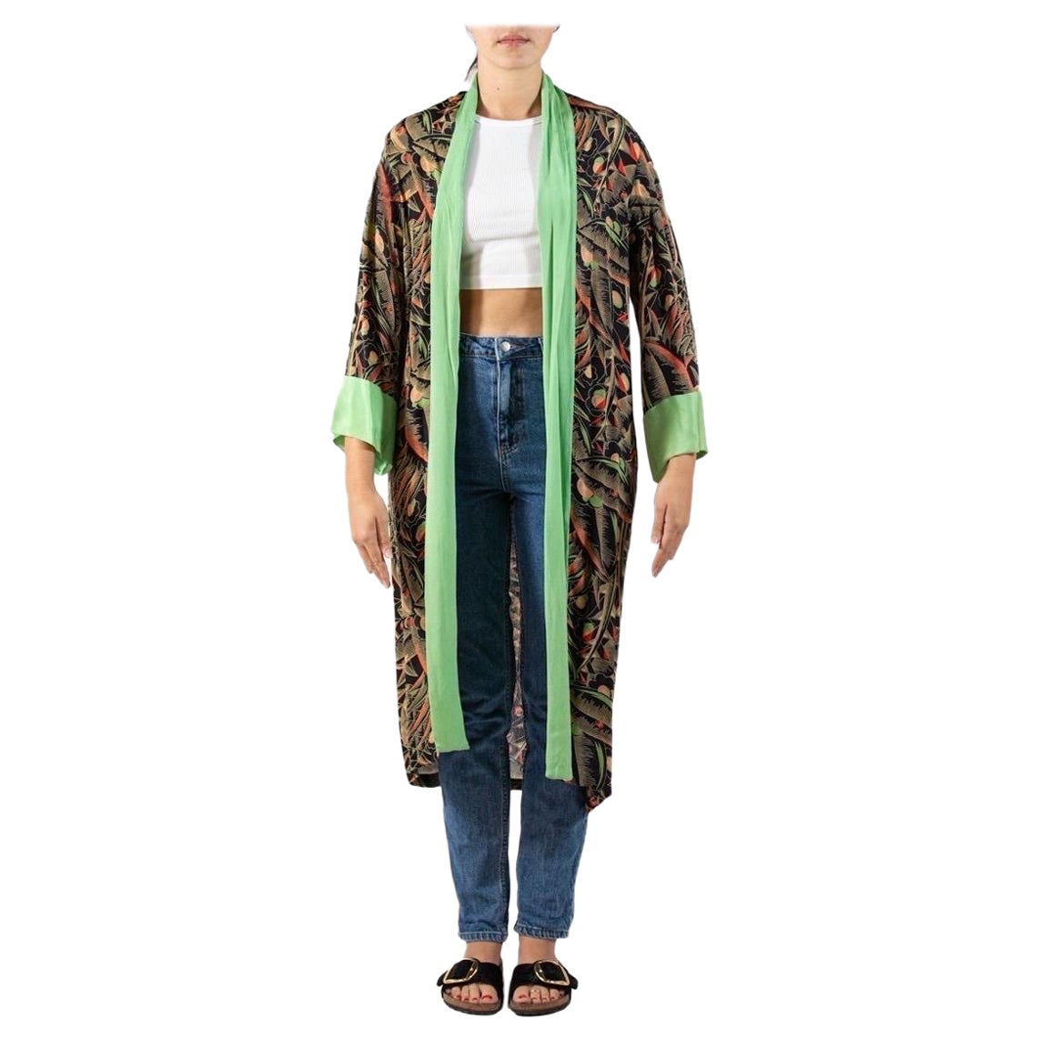 The Artful Green & Greene Greene Rare Art Deco Tropical Print Kimono 1920S