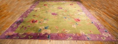 1920s Green Field Floral & Purple Border Antique Chinese Art Deco Rug Knotsted