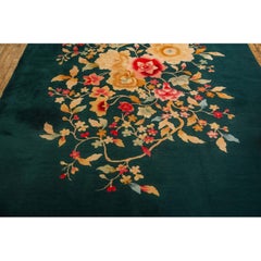 1920s Green Floral Medallion Haute Modern Knotted Antique Chinese Art Deco Rug