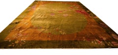 1920s Green Floral Minimalist Knotted Wool Antique Chinese Art Deco Carpet Rug