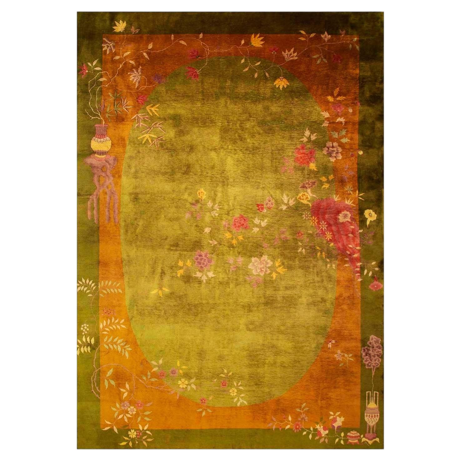 1920s Green Floral Minimalist Knotted Wool Antique Chinese Art Deco Carpet Rug