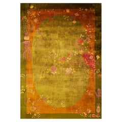 1920s Green Floral Minimalist Knotted Wool Antique Chinese Art Deco Carpet Rug