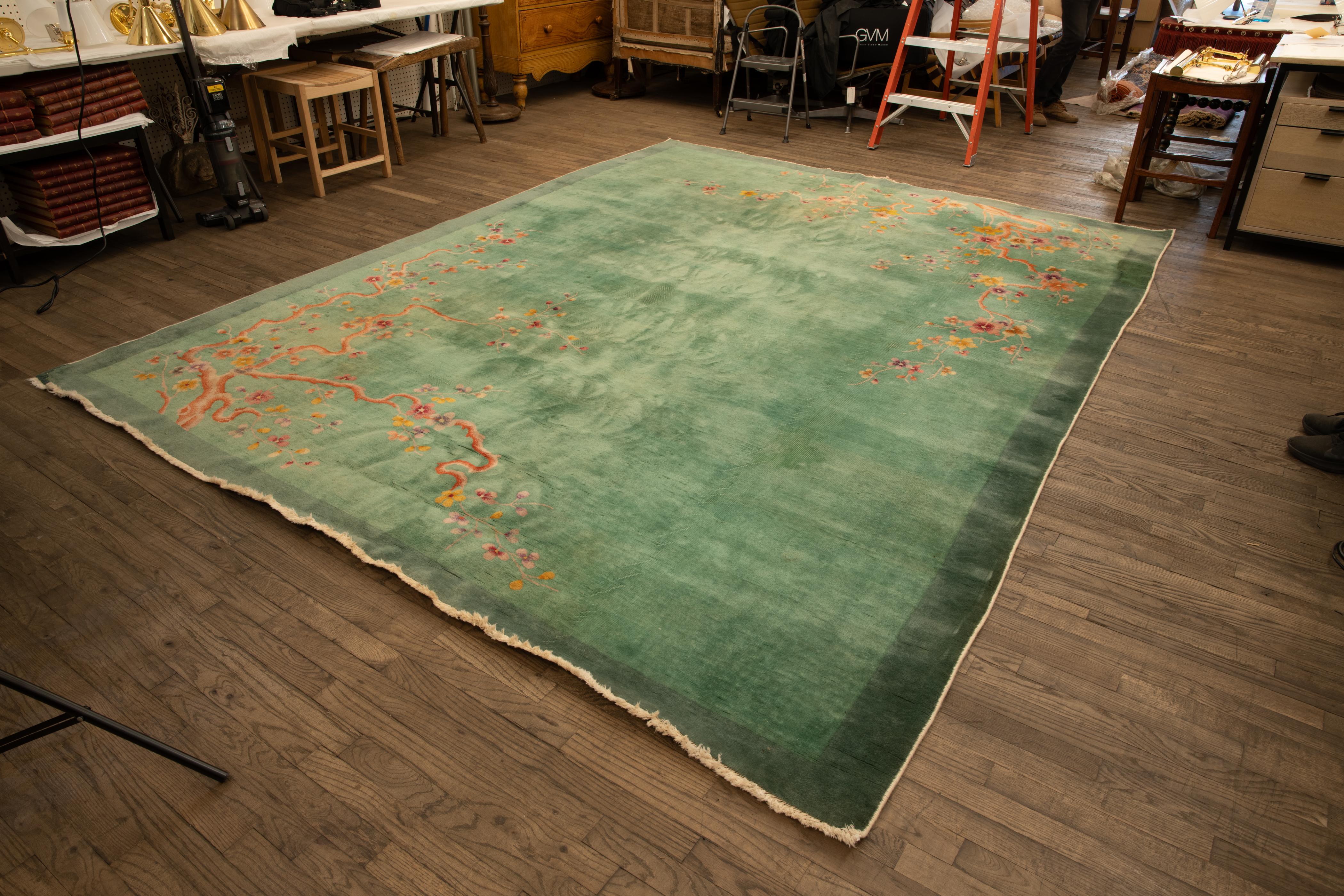 1920s Green Nichols Art Deco Rug In Fair Condition In New York, NY