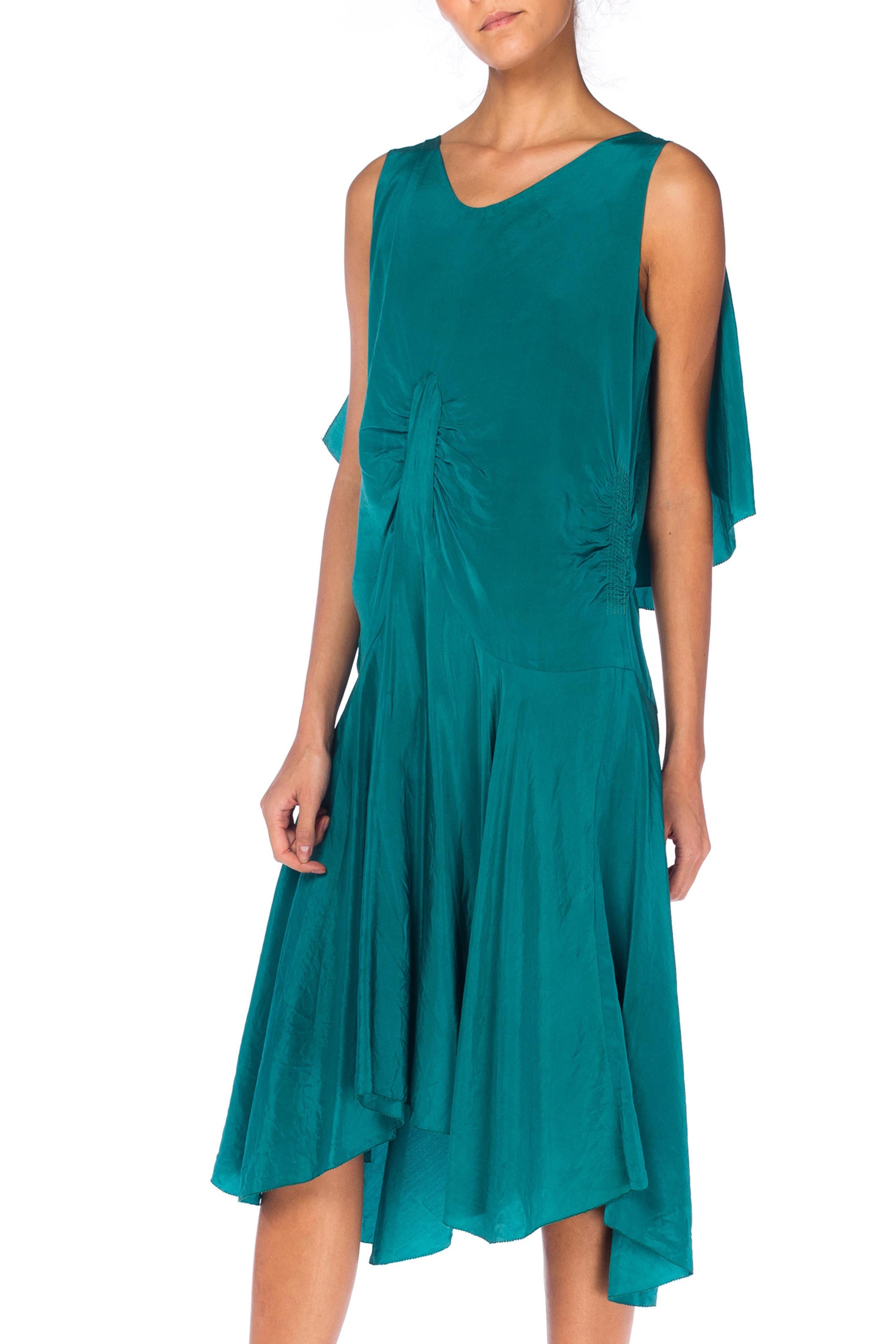 Green 1920S Teal Silk Charmeuse  Cocktail Dress With Bias Skirt