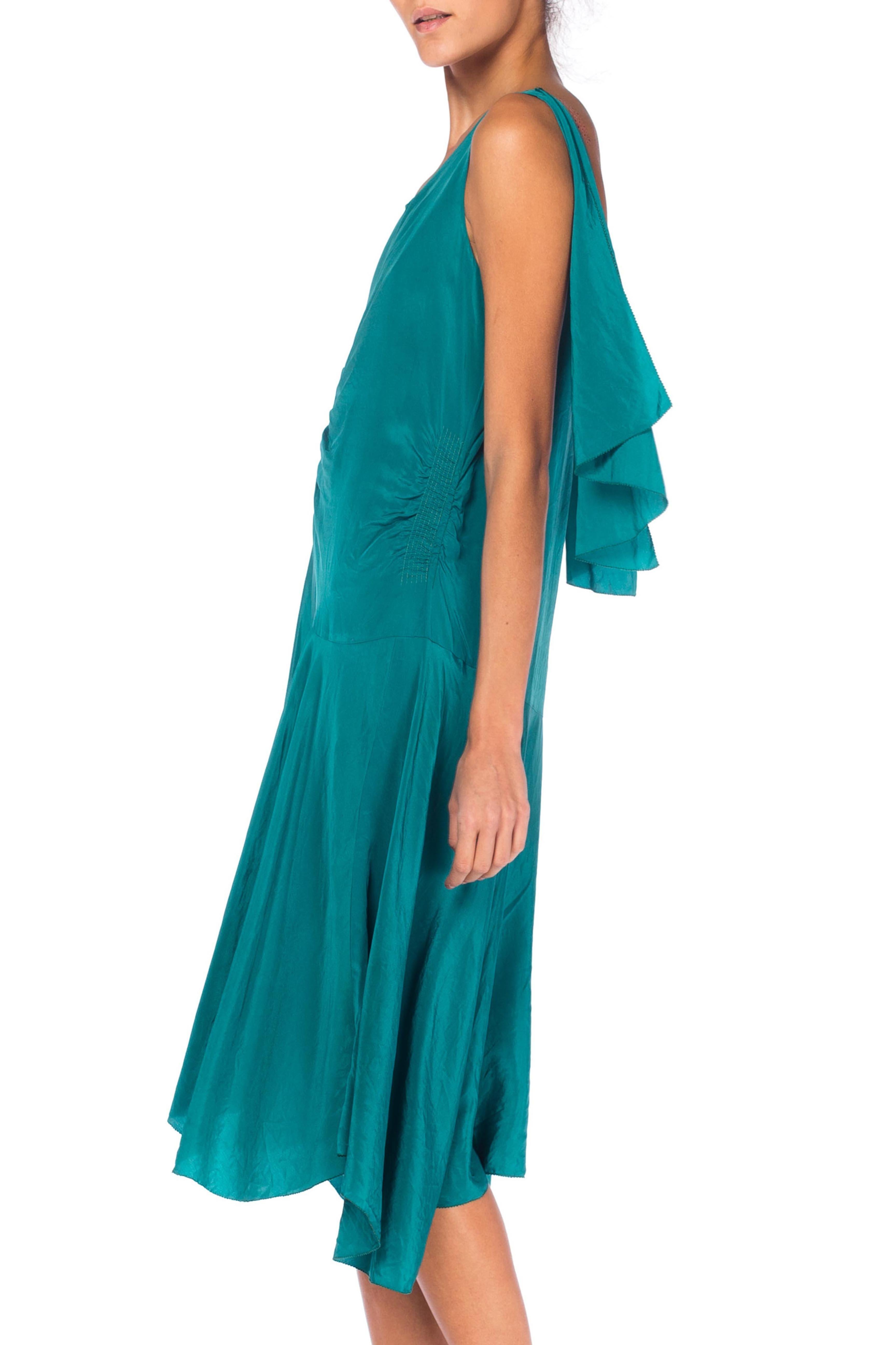 Women's 1920S Teal Silk Charmeuse  Cocktail Dress With Bias Skirt