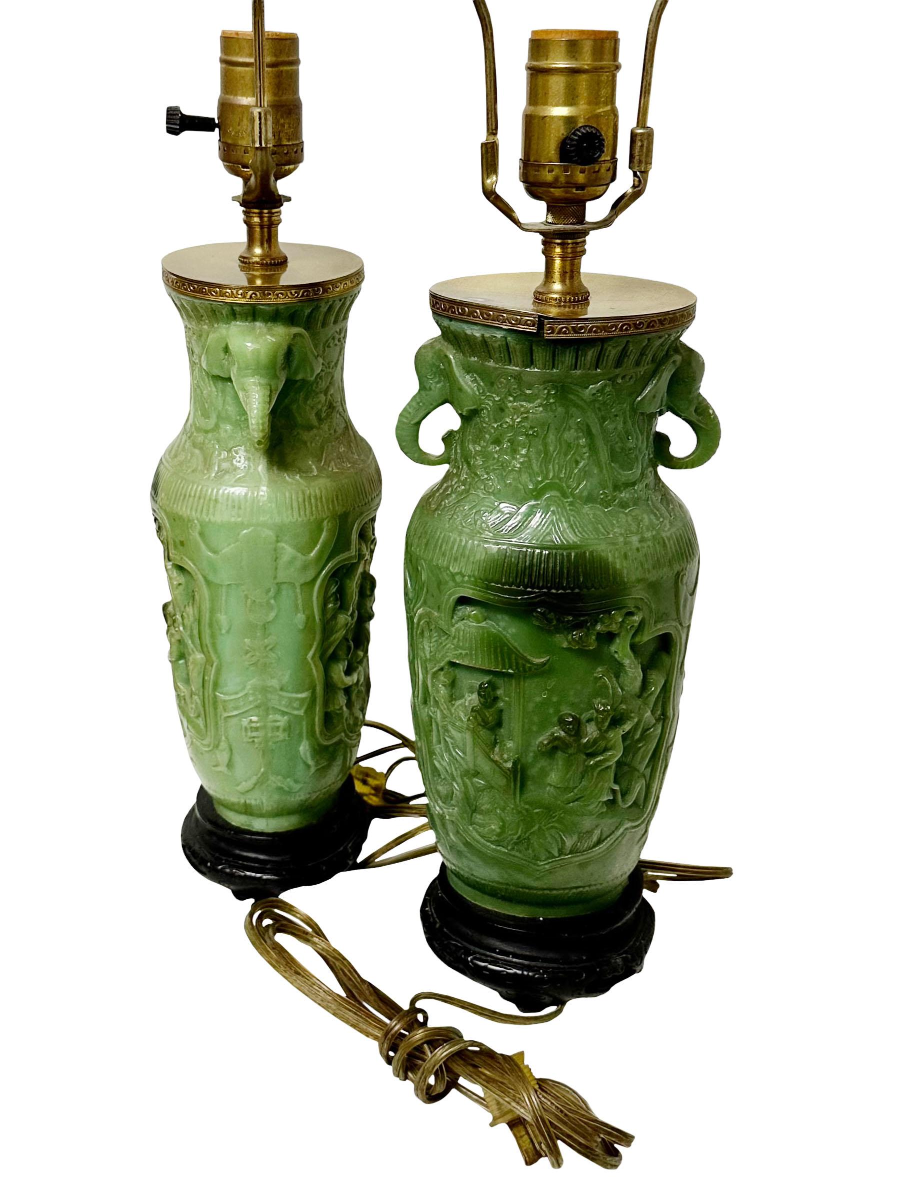 1920s Green Table Lamps with Elephants  In Good Condition For Sale In Tampa, FL