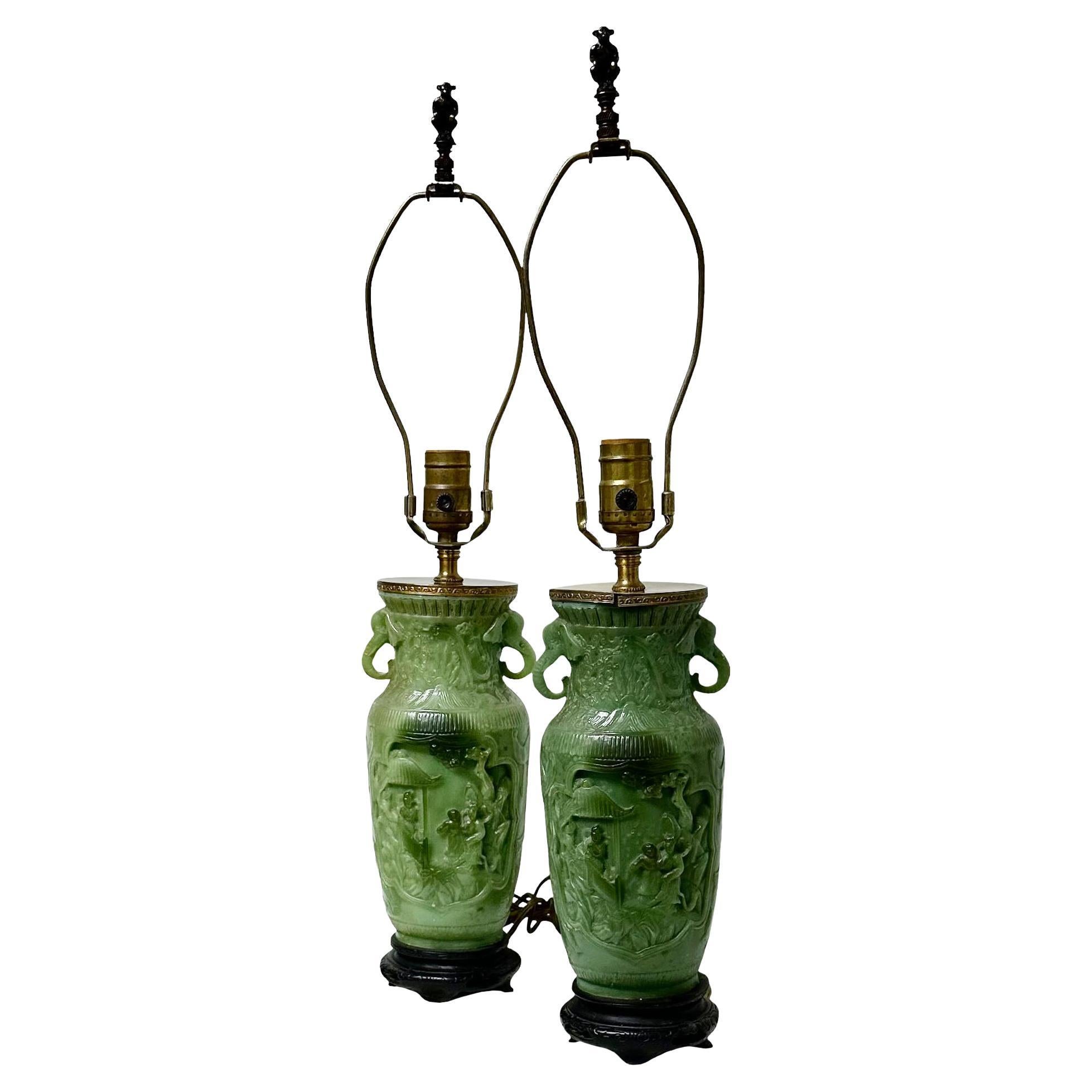 1920s Green Table Lamps with Elephants 
