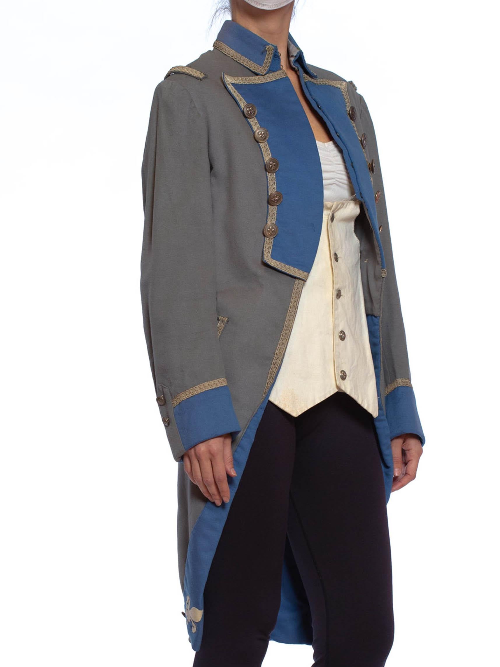 Gray 1920S Grey & Blue Wool 18Th Century Style Military Frock Coat For Sale