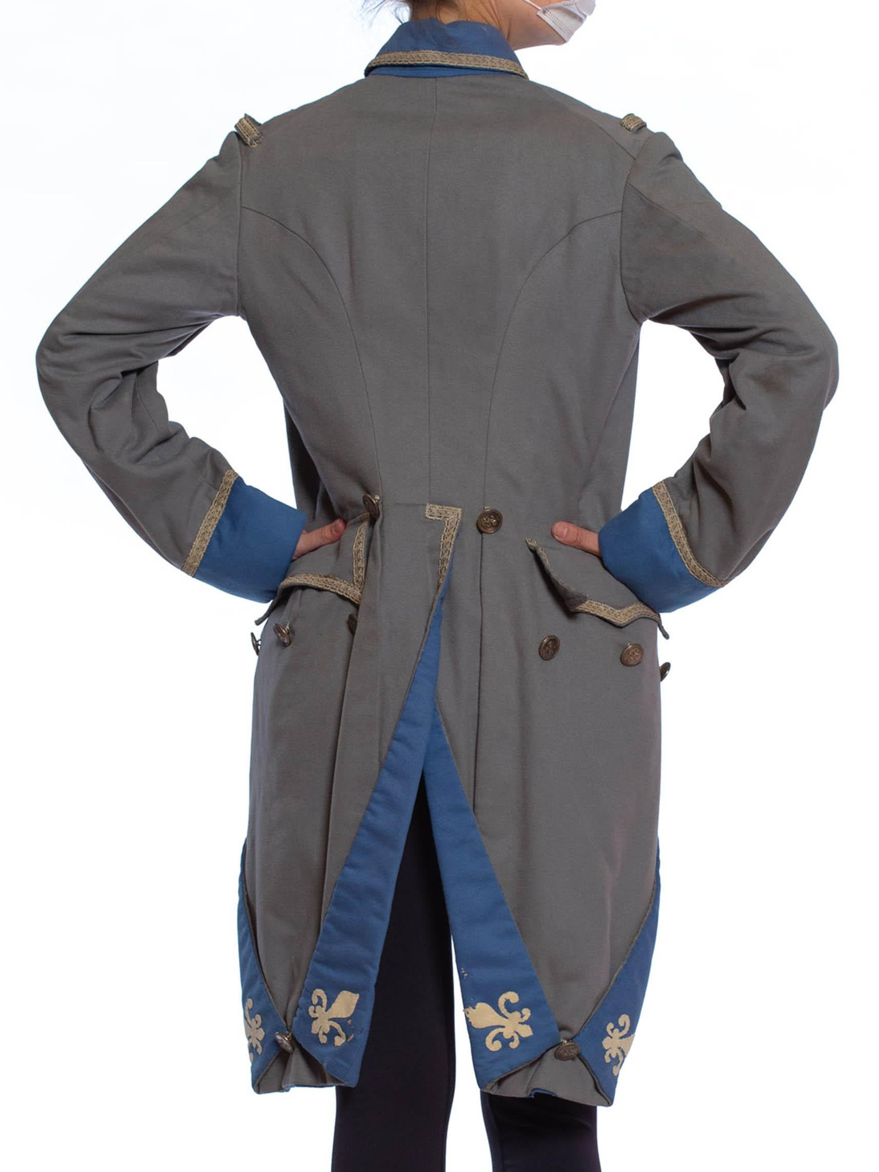 1920S Grey & Blue Wool 18Th Century Style Military Frock Coat In Excellent Condition For Sale In New York, NY