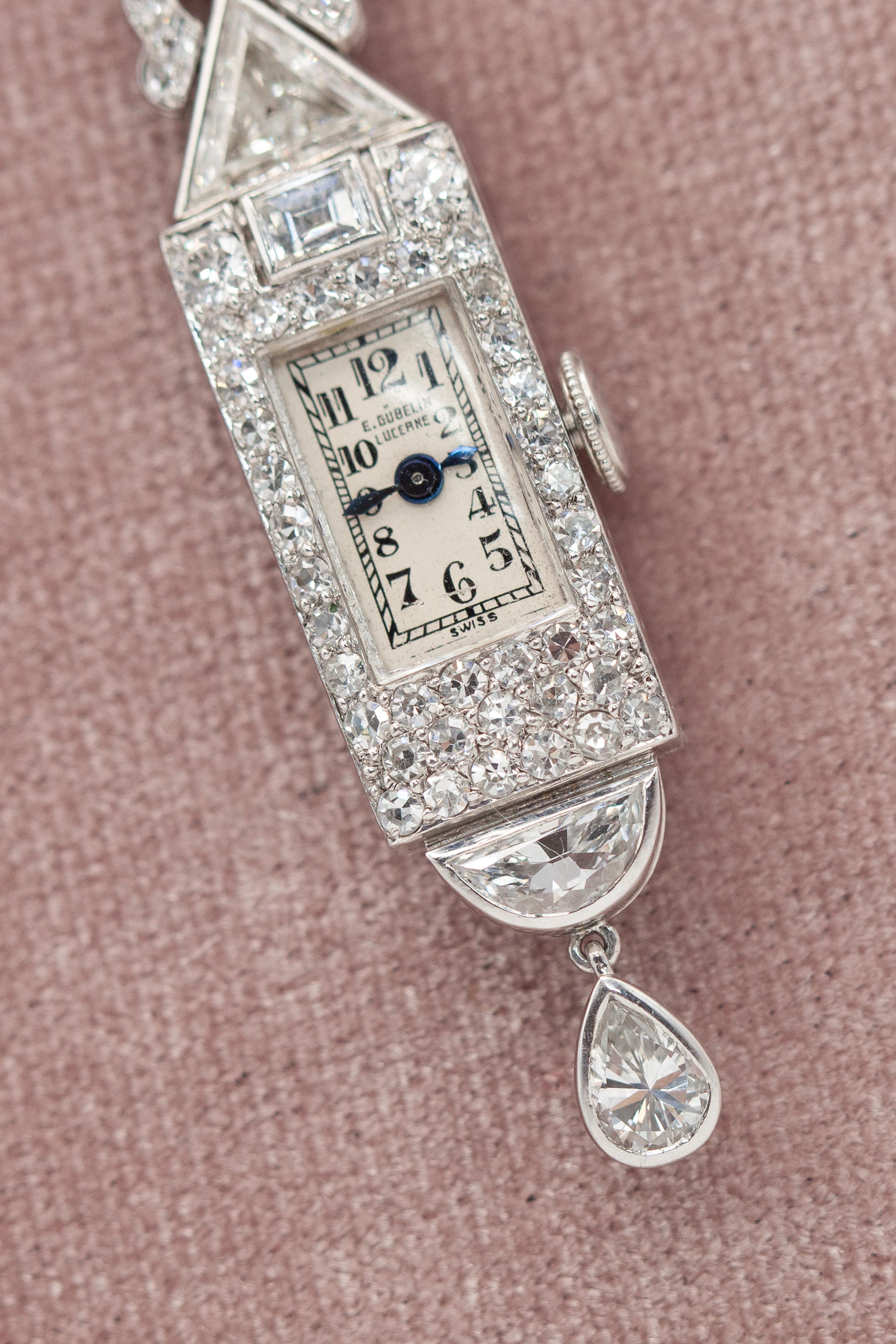 1920s Gubelin Platinum Diamond Lapel Watch 6