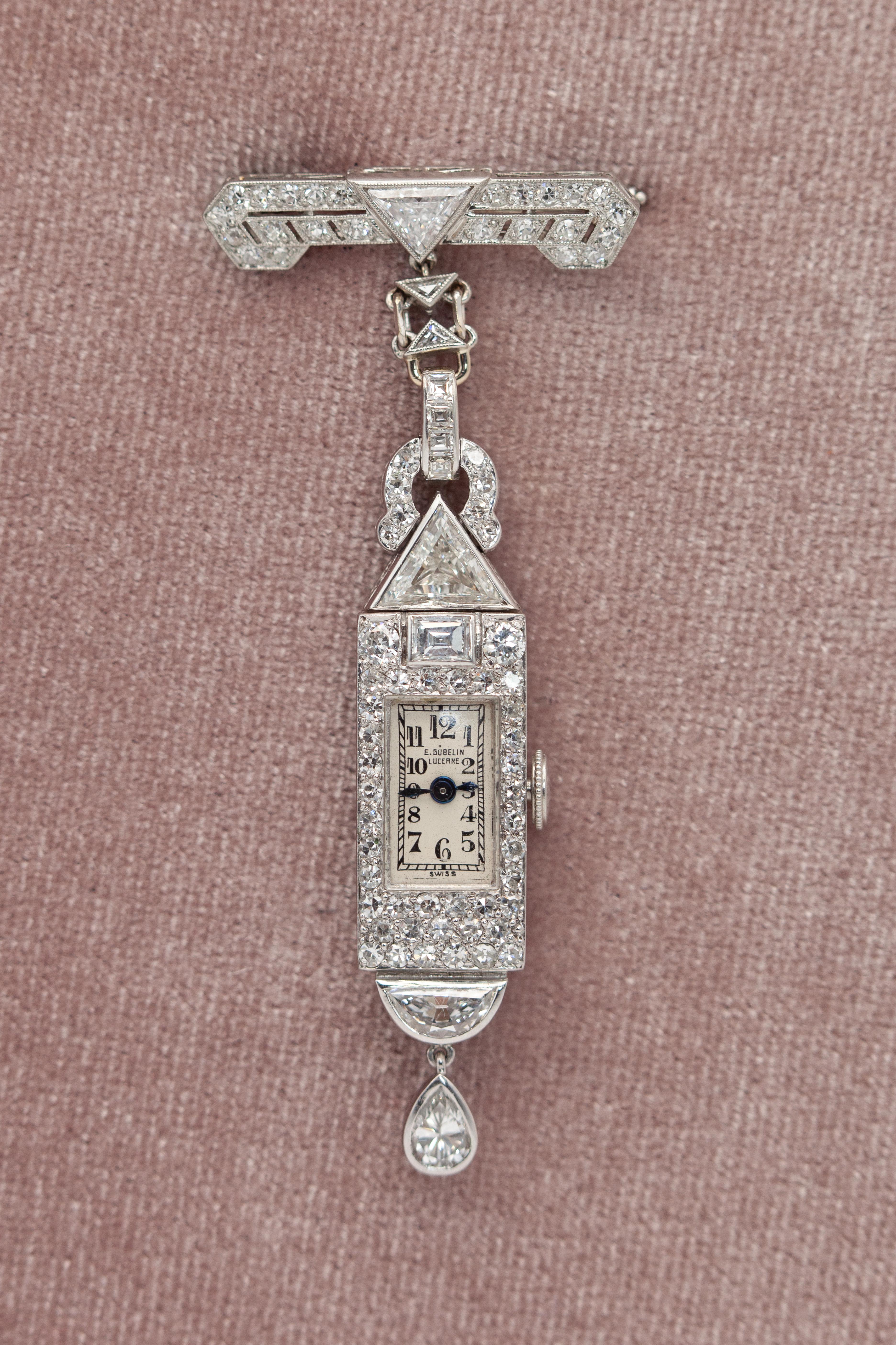 1920s Gubelin Platinum Diamond Lapel Watch 9