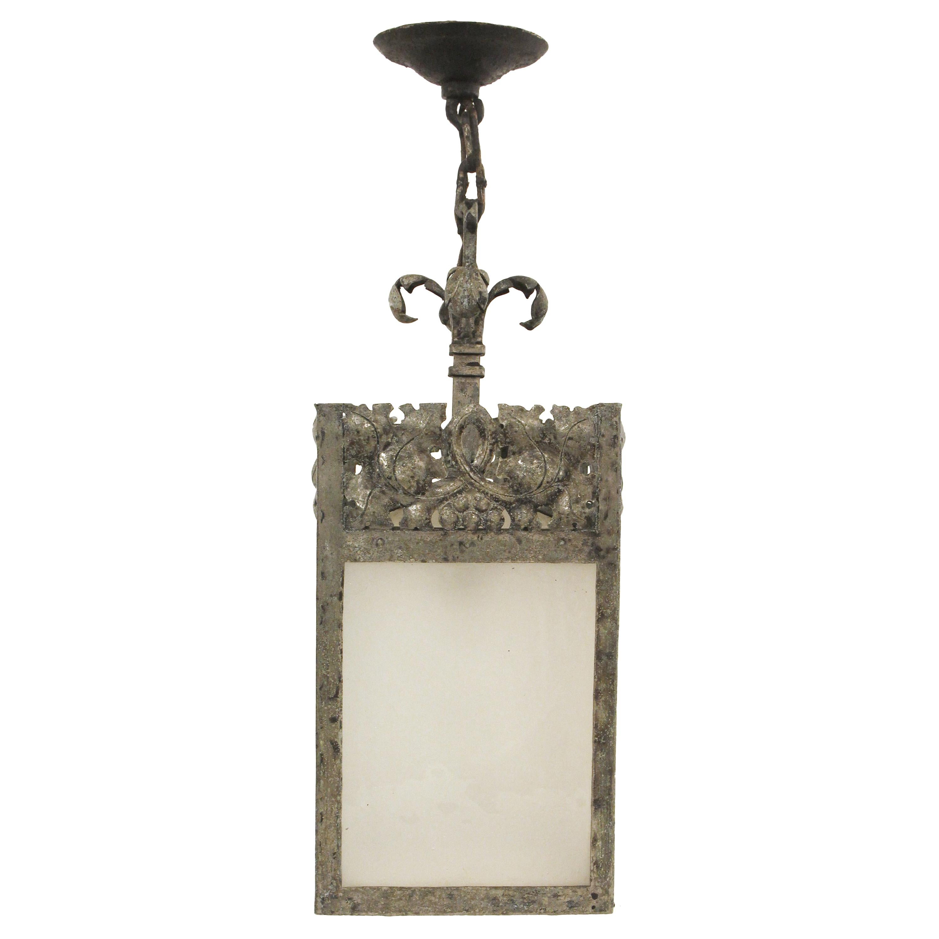 1920s Hammered and Wrought Steel Lantern with Frosted Glass Panels