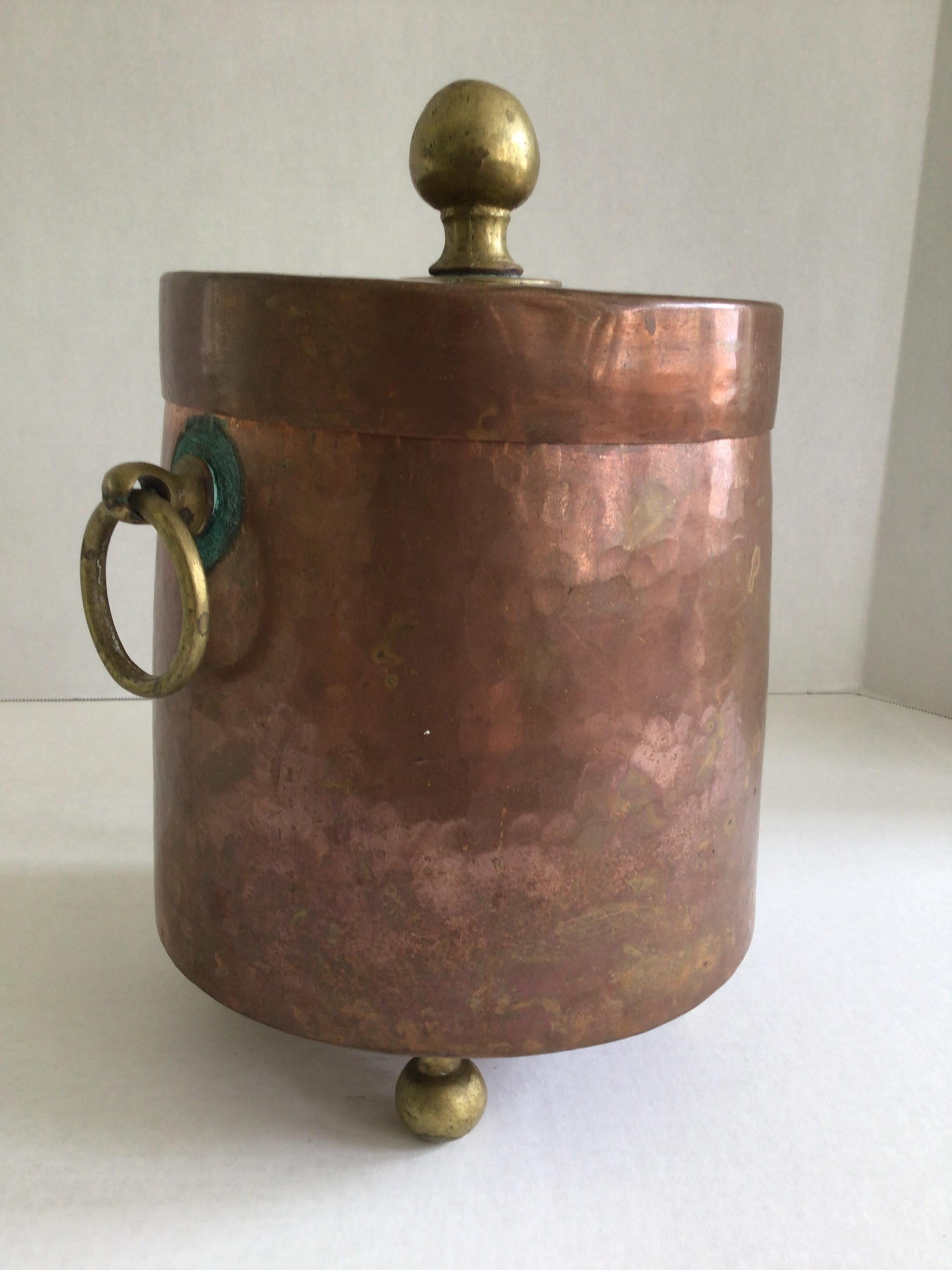 1920s Hammered Copper Ice Bucket with Brass Feet, Handles, and Knob
Natural Verdigris Patina around fittings
