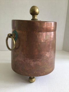 1920s Hammered Copper Ice Bucket with Brass Feet, Handles, and Knob