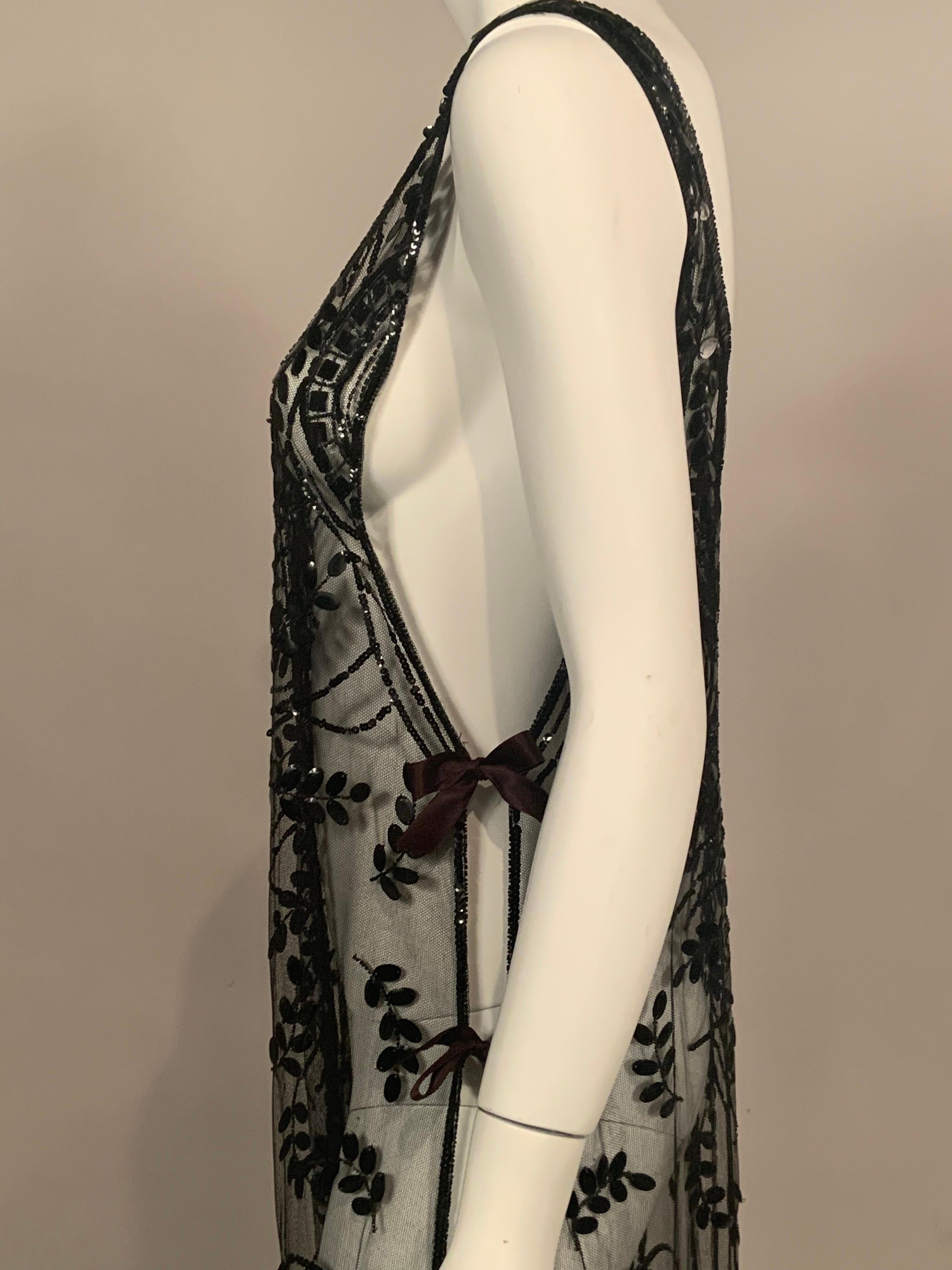 1920's Hand Beaded Black Net Tabard or Flapper Dress in Excellent Condition 3