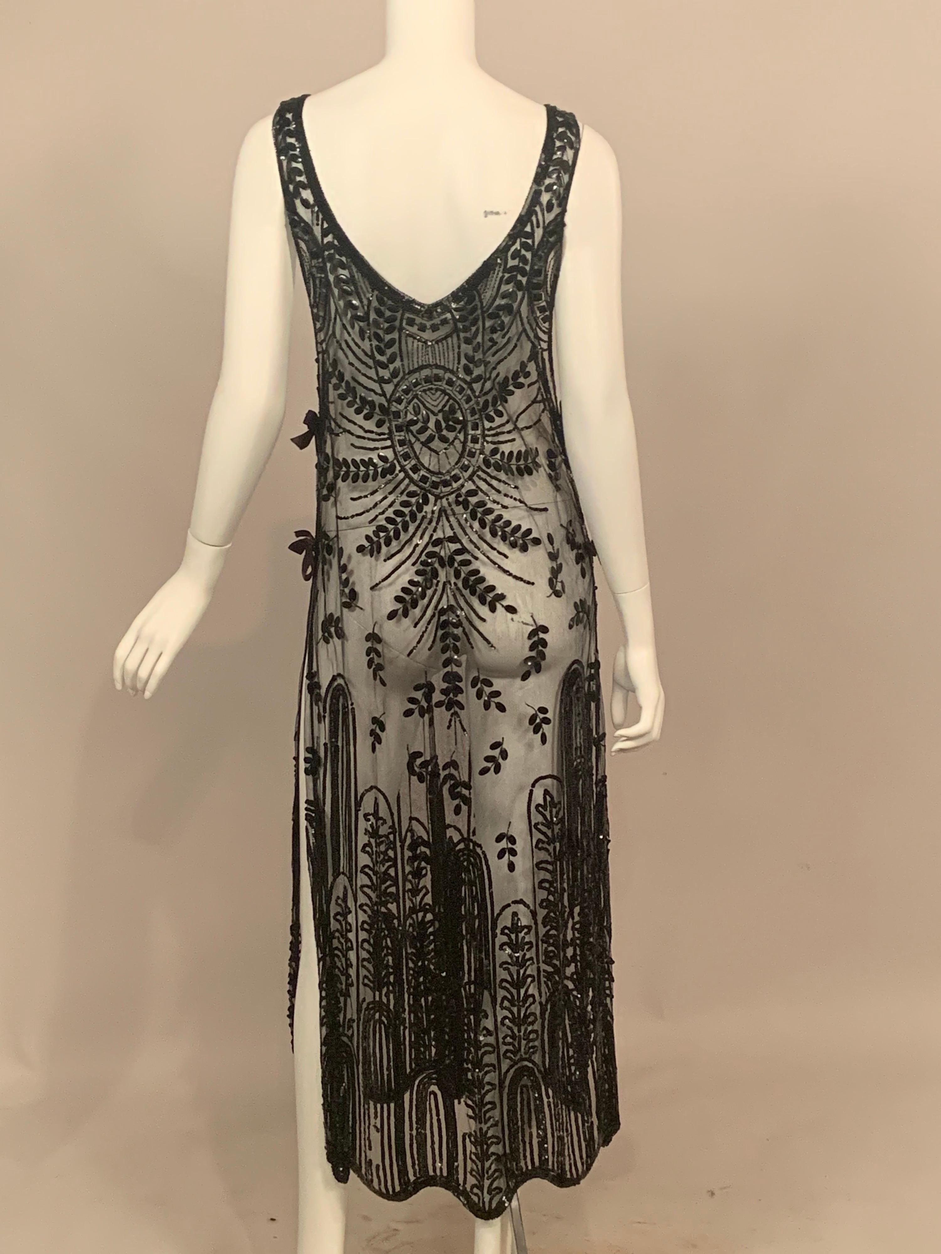 Women's 1920's Hand Beaded Black Net Tabard or Flapper Dress in Excellent Condition