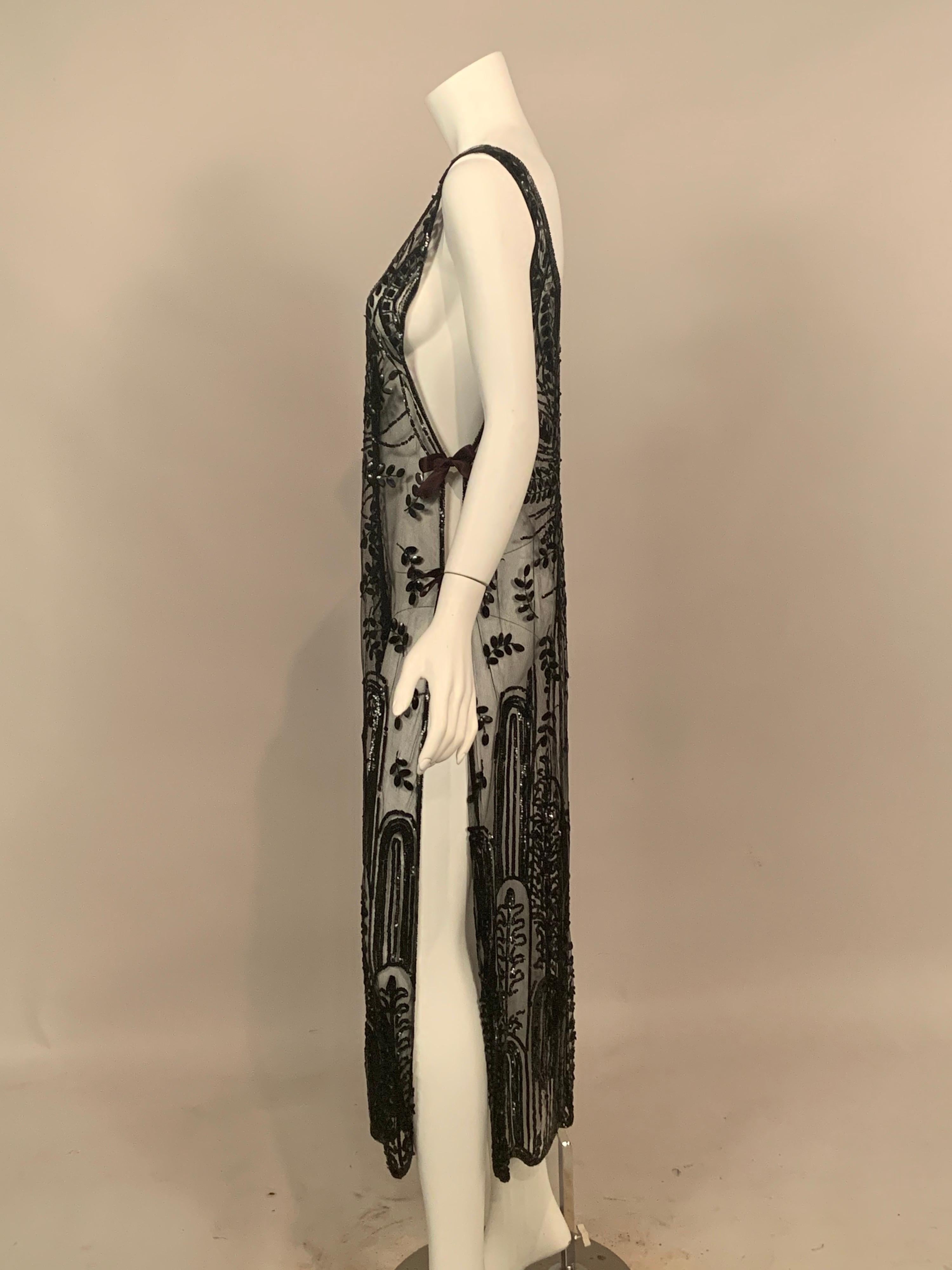 1920's Hand Beaded Black Net Tabard or Flapper Dress in Excellent Condition 2