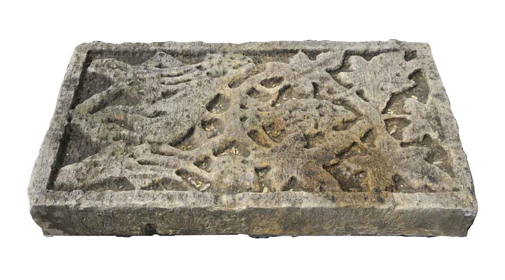 1920s, limestone frieze with detailed hand carved leaves and fruit. This was originally form the exterior of a Manhattan building. This can be seen at our 400 Gilligan St location in Scranton, PA.