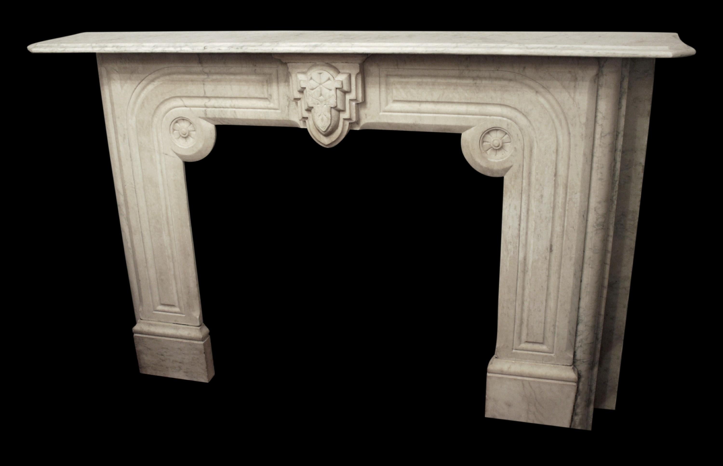 American 1920s Hand Carved Marble Mantel Geometric Floral Details For Sale