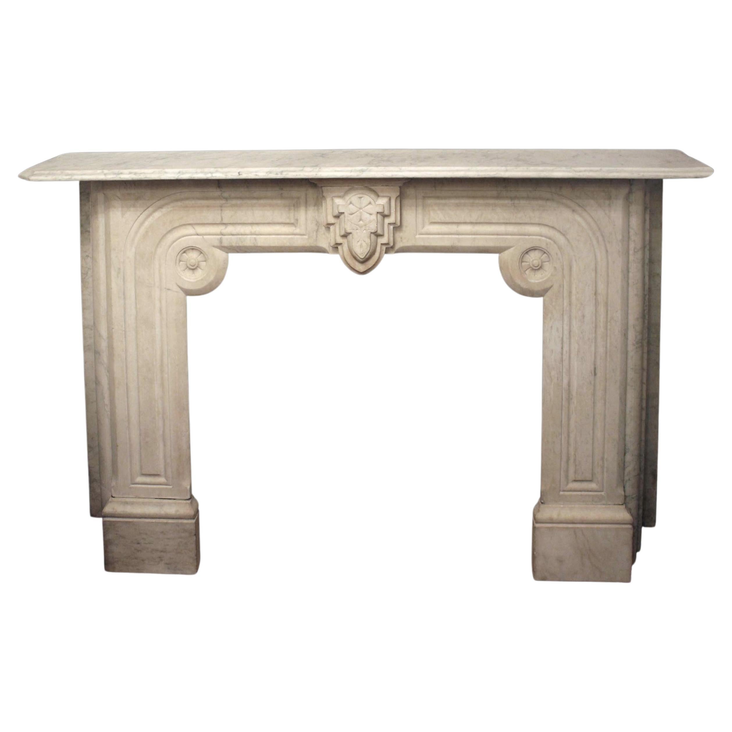 1920s Hand Carved Marble Mantel Geometric Floral Details For Sale
