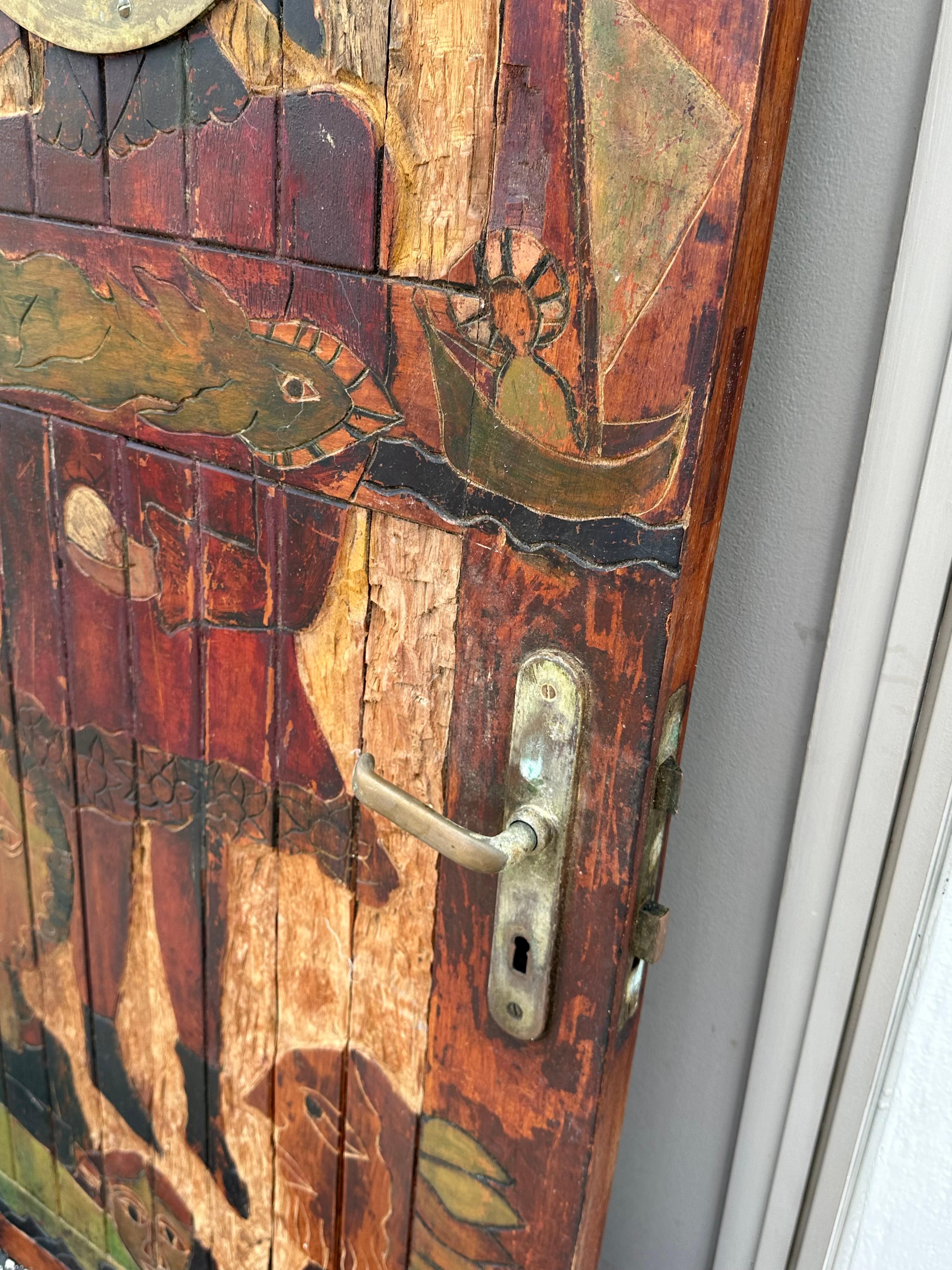1920s Hand Carved Painted Folk Art Figurative Door For Sale 4