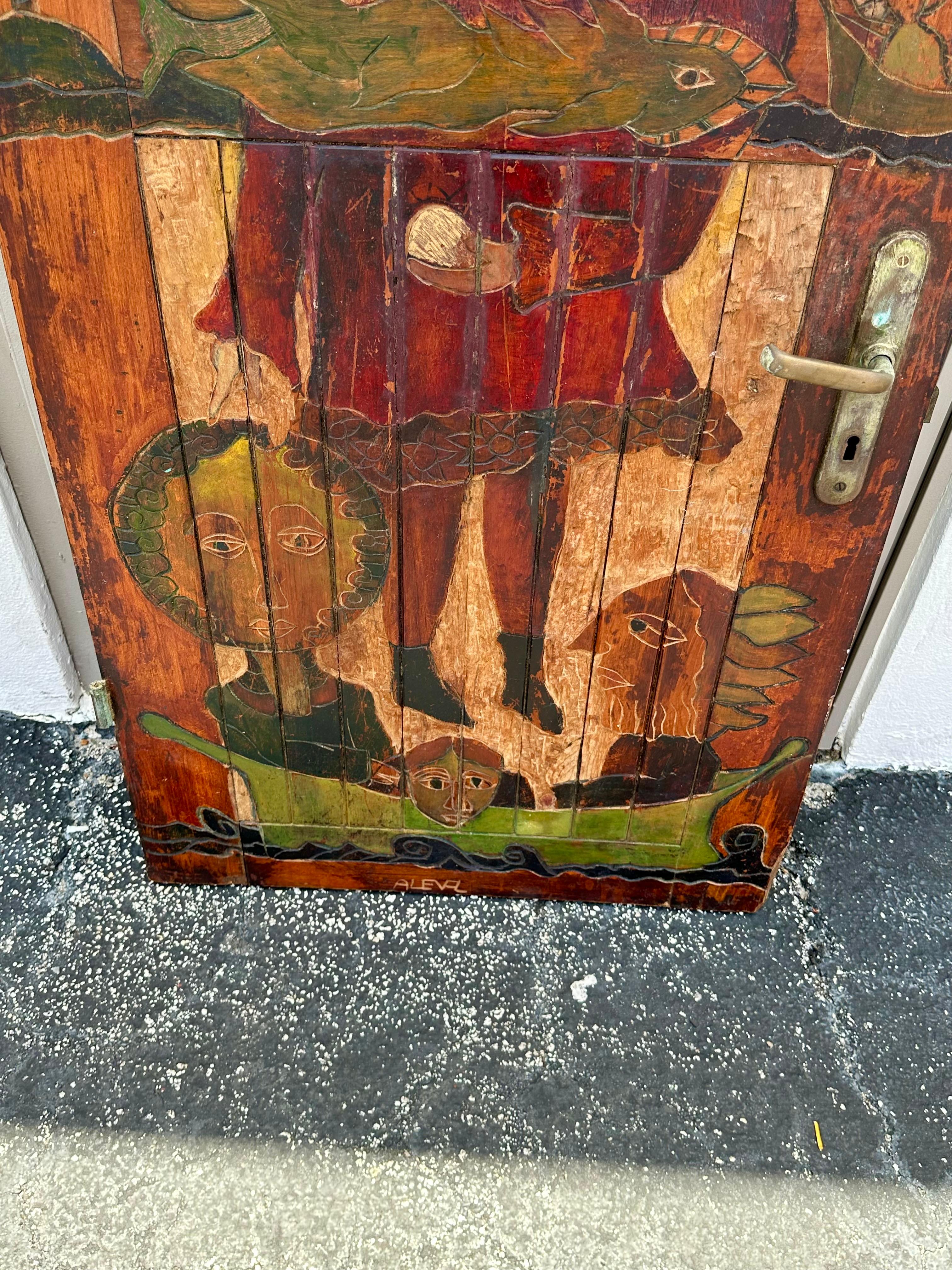 1920s Hand Carved Painted Folk Art Figurative Door For Sale 5