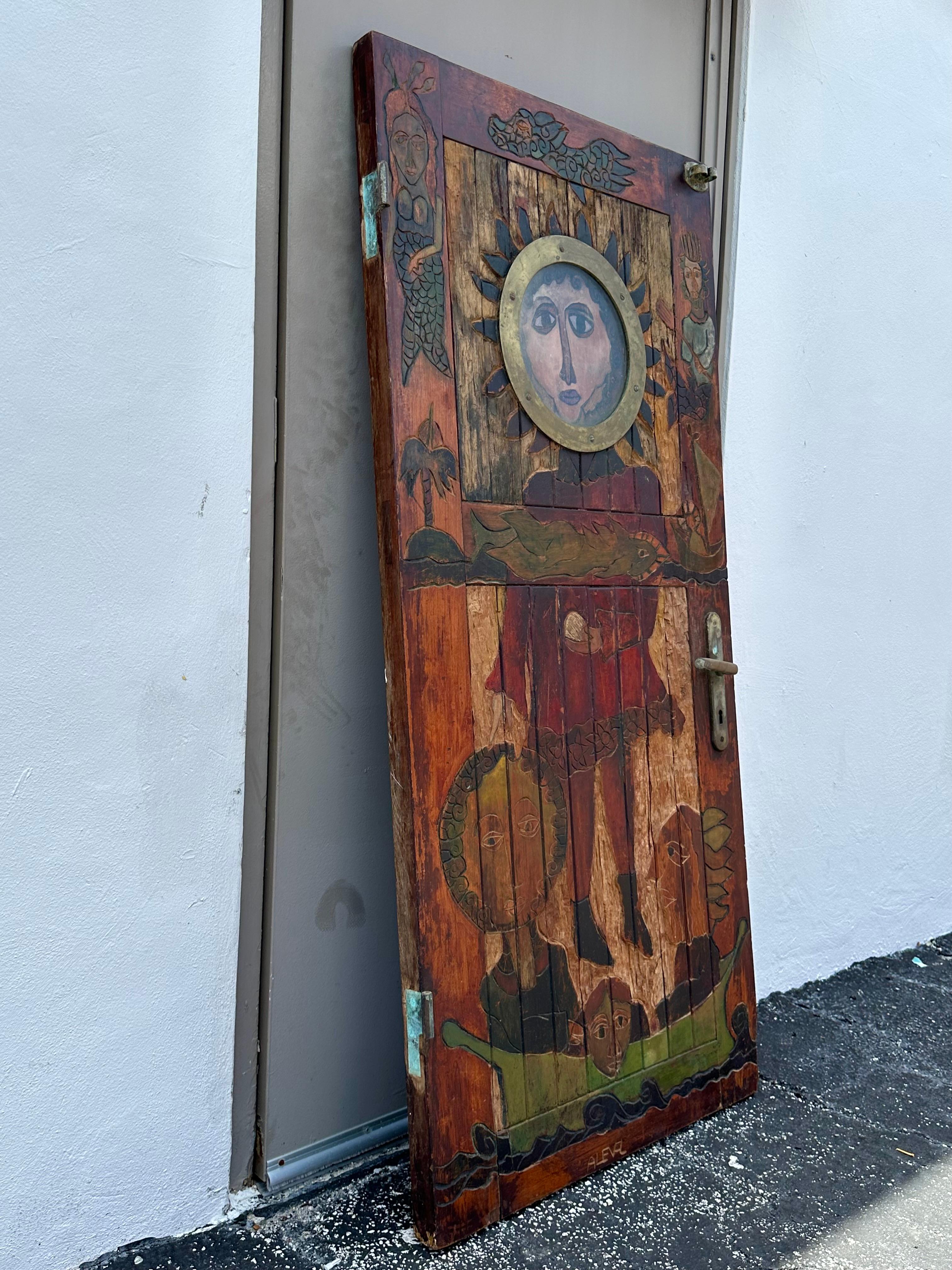 Expressionist 1920s Hand Carved Painted Folk Art Figurative Door For Sale