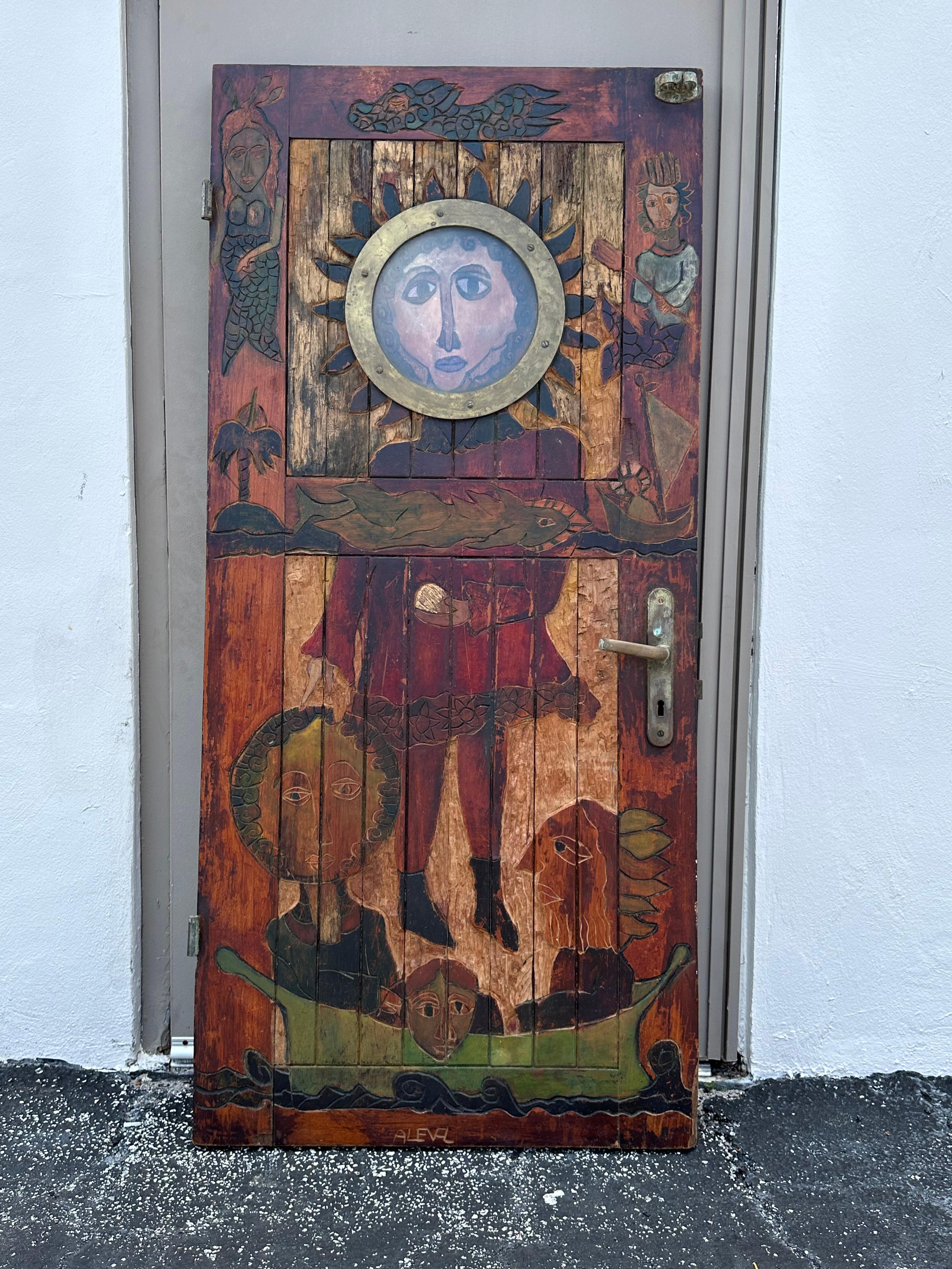 European 1920s Hand Carved Painted Folk Art Figurative Door For Sale