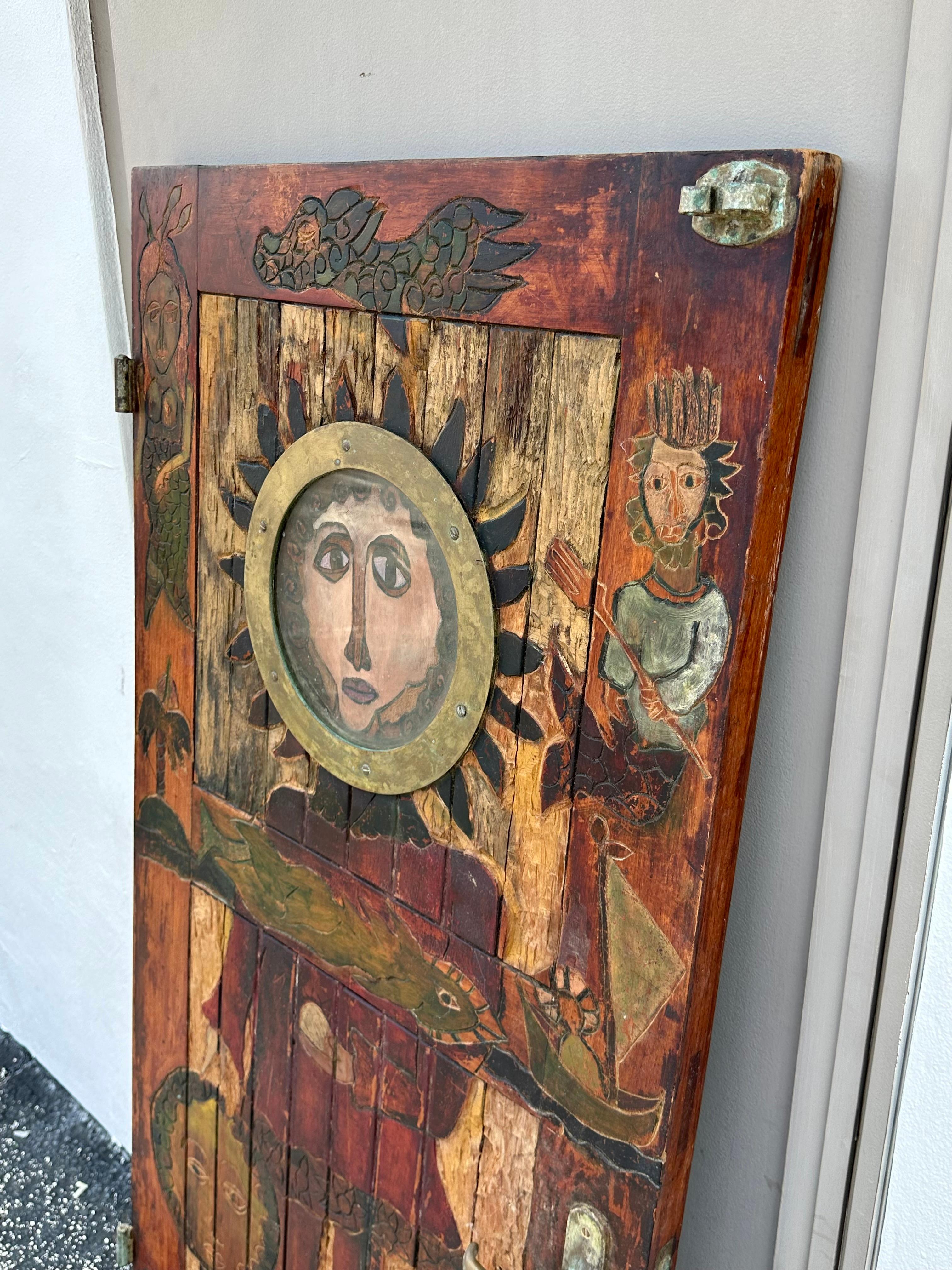 1920s Hand Carved Painted Folk Art Figurative Door In Good Condition For Sale In Fort Lauderdale, FL