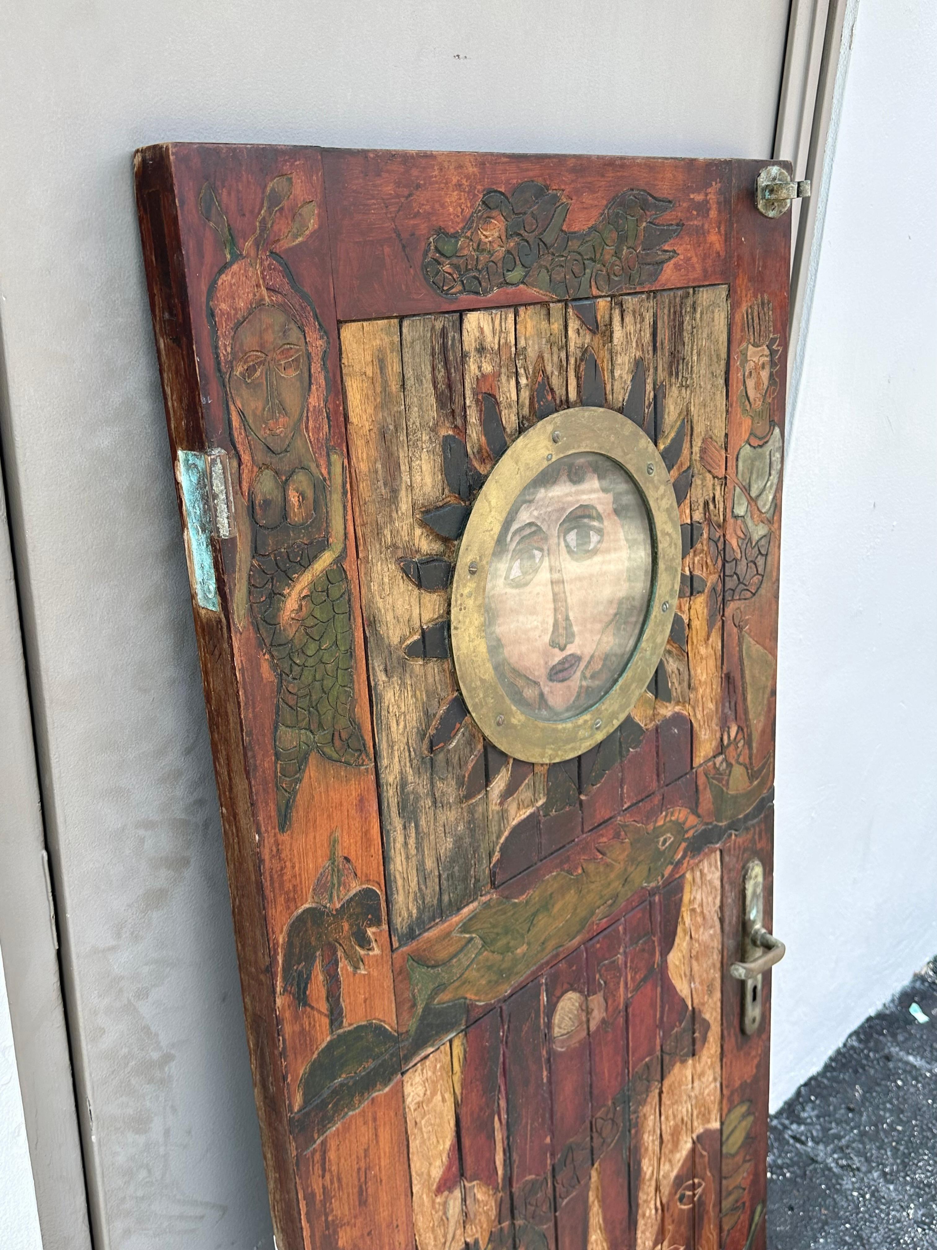 20th Century 1920s Hand Carved Painted Folk Art Figurative Door For Sale